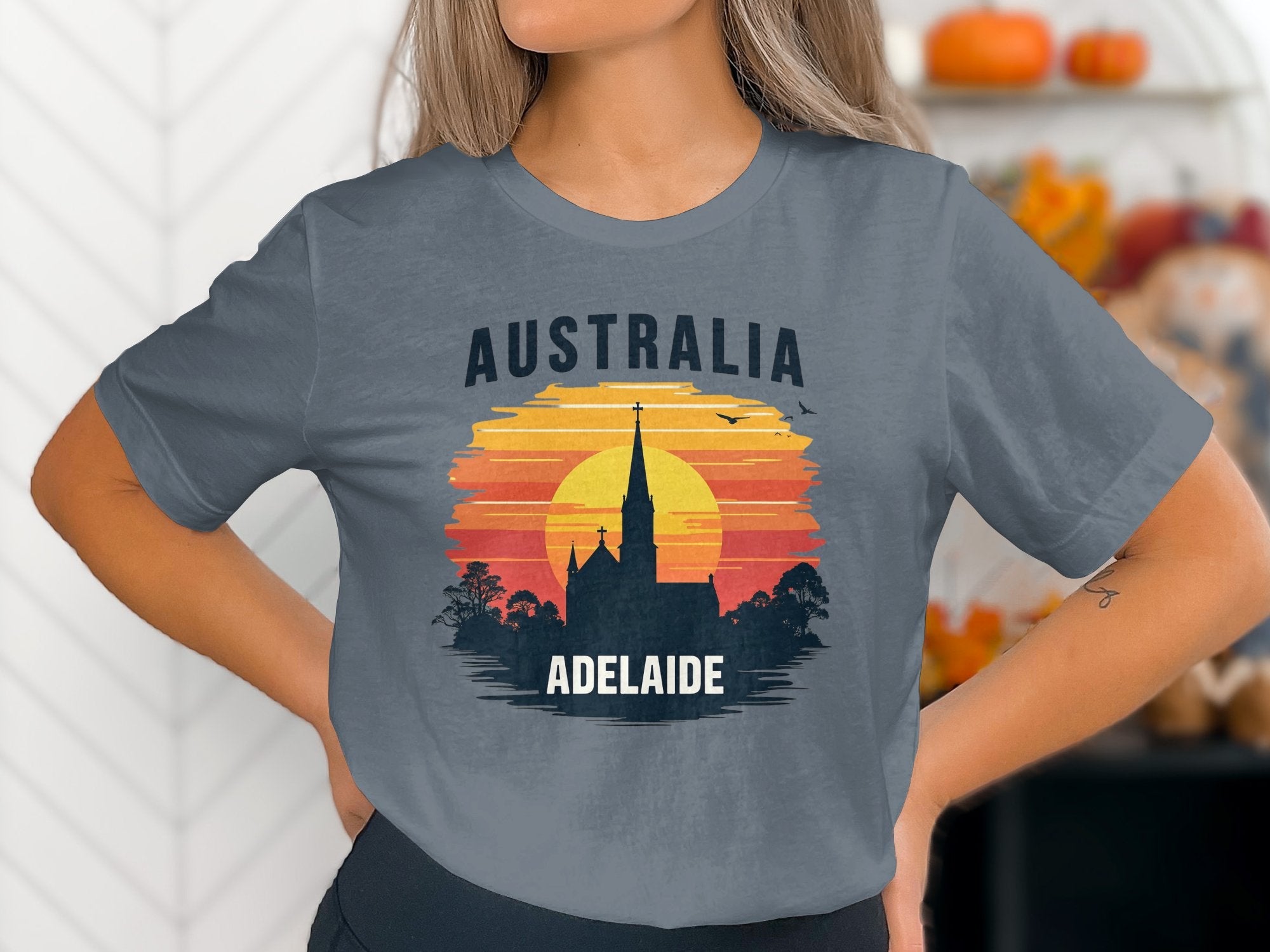 Australia Adelaide City Church Vintage Sunset Graphic T-Shirt, Cool Australia Souvenir Tee, Aussie Adelaide Skyline Shirt - Craig Michael Design