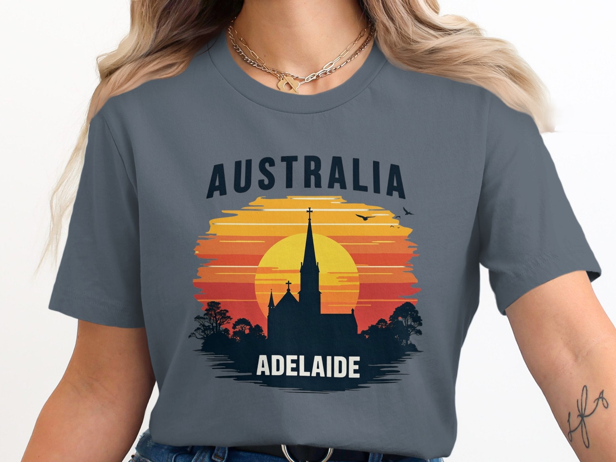 Australia Adelaide City Church Vintage Sunset Graphic T-Shirt, Cool Australia Souvenir Tee, Aussie Adelaide Skyline Shirt - Craig Michael Design