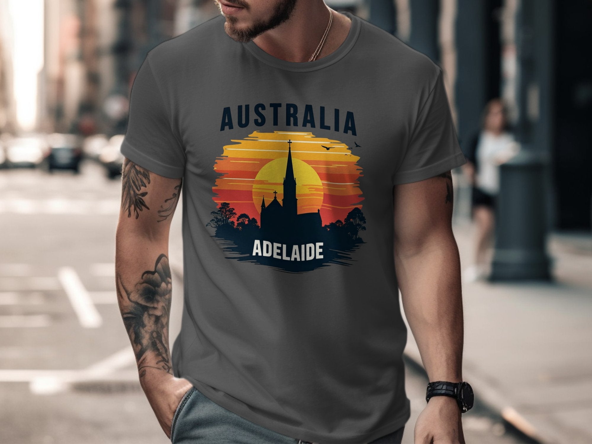 Australia Adelaide City Church Vintage Sunset Graphic T-Shirt, Cool Australia Souvenir Tee, Aussie Adelaide Skyline Shirt - Craig Michael Design