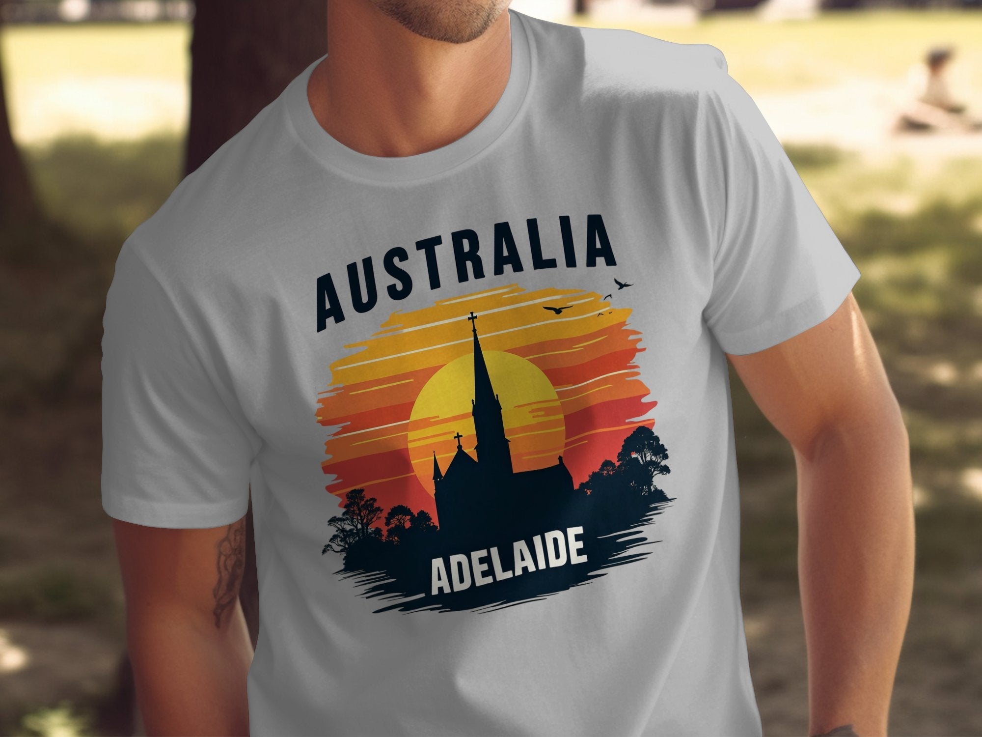 Australia Adelaide City Church Vintage Sunset Graphic T-Shirt, Cool Australia Souvenir Tee, Aussie Adelaide Skyline Shirt - Craig Michael Design