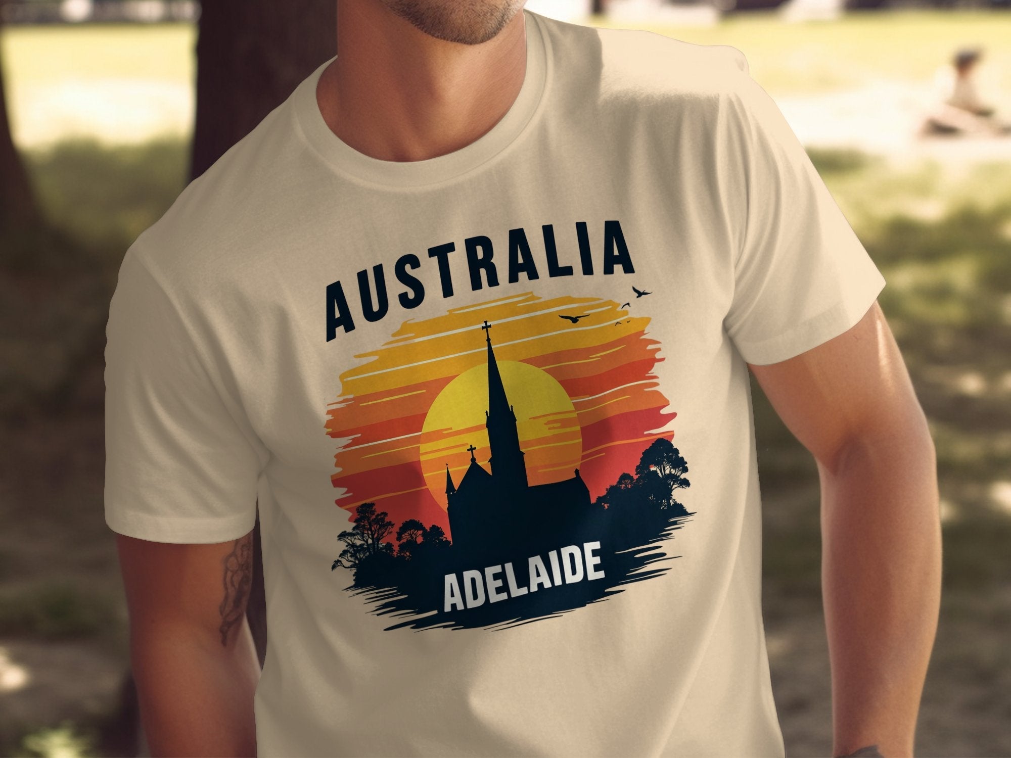 Australia Adelaide City Church Vintage Sunset Graphic T-Shirt, Cool Australia Souvenir Tee, Aussie Adelaide Skyline Shirt - Craig Michael Design