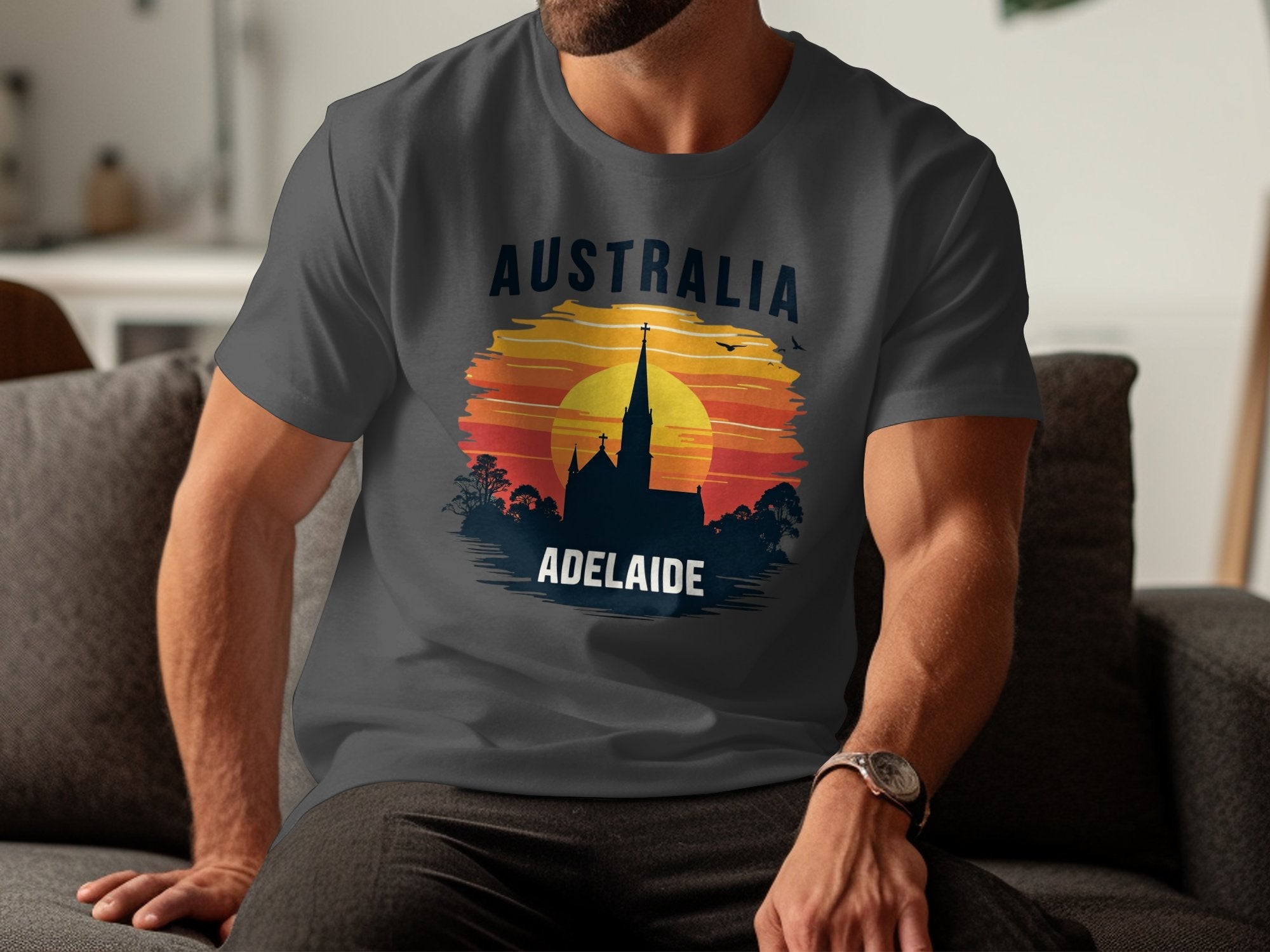 Australia Adelaide City Church Vintage Sunset Graphic T-Shirt, Cool Australia Souvenir Tee, Aussie Adelaide Skyline Shirt - Craig Michael Design