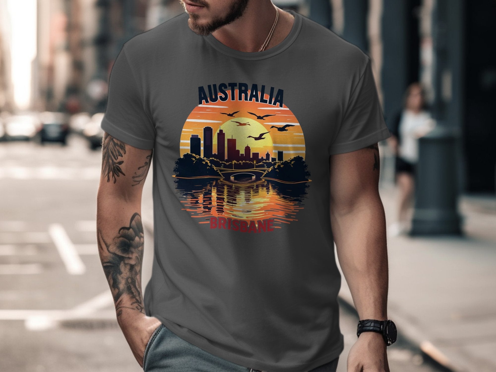 Australia Brisbane Skyline Sunset T-Shirt, Scenic Australia Design Tee, Brisbane Cityscape Graphic Shirt, Aussie Pride Tee - Craig Michael Design