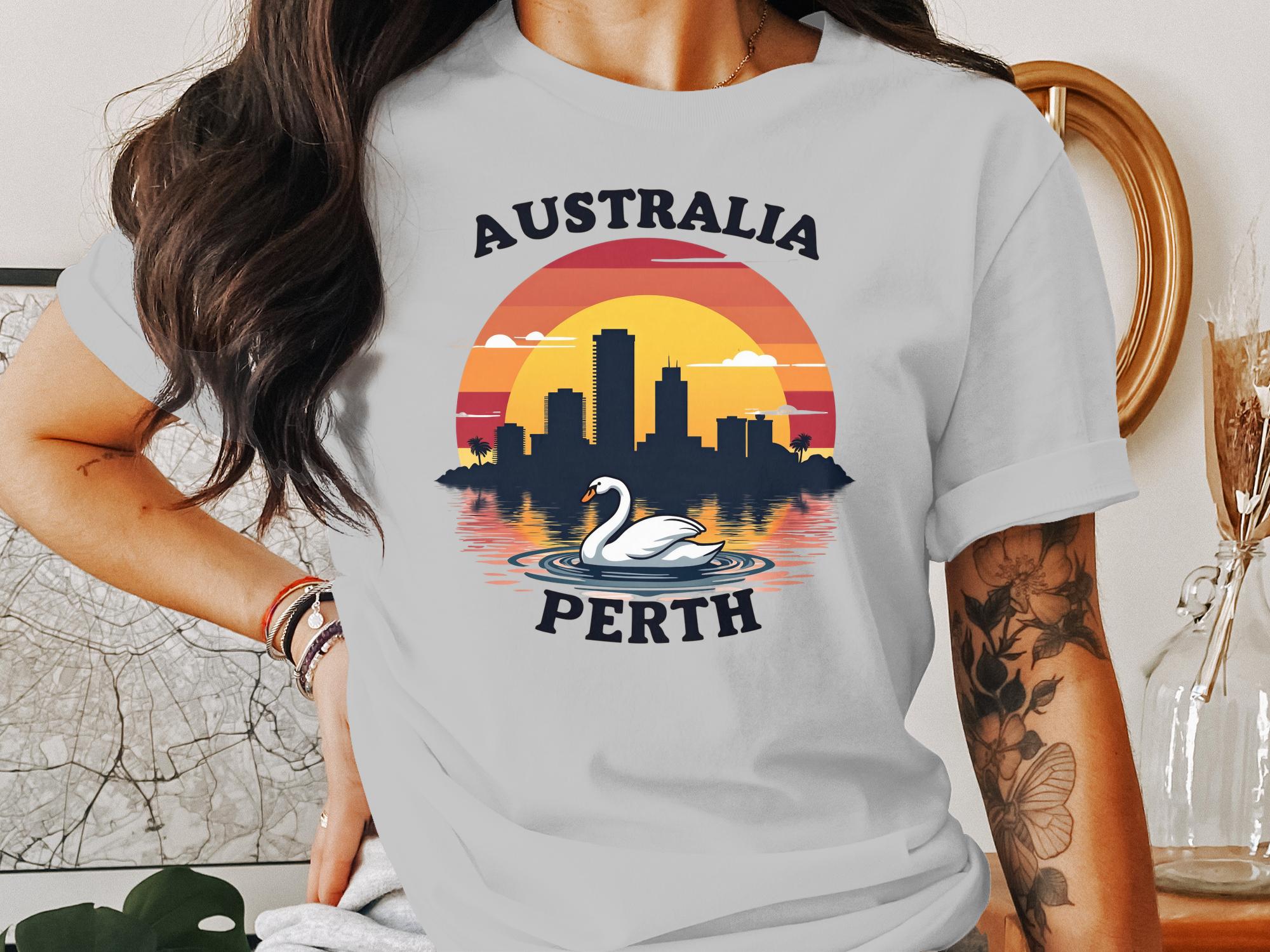 Australia Perth Skyline with Swan Sunset Illustration T-Shirt, Cityscape Graphic Tee for Travel Lovers, Stylish Vacation Souvenir T-Shirt - Craig Michael Design