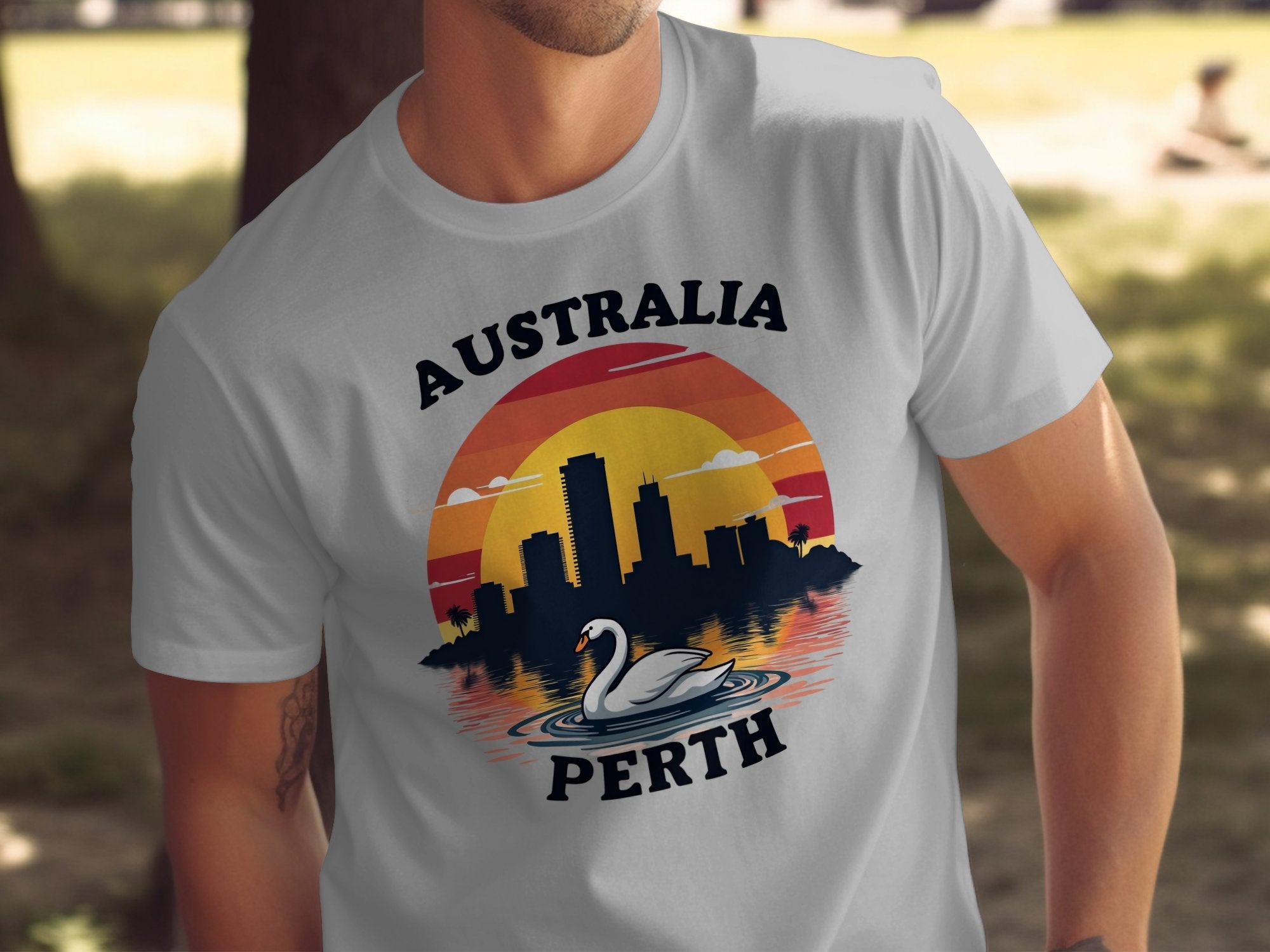 Australia Perth Skyline with Swan Sunset Illustration T-Shirt, Cityscape Graphic Tee for Travel Lovers, Stylish Vacation Souvenir T-Shirt - Craig Michael Design