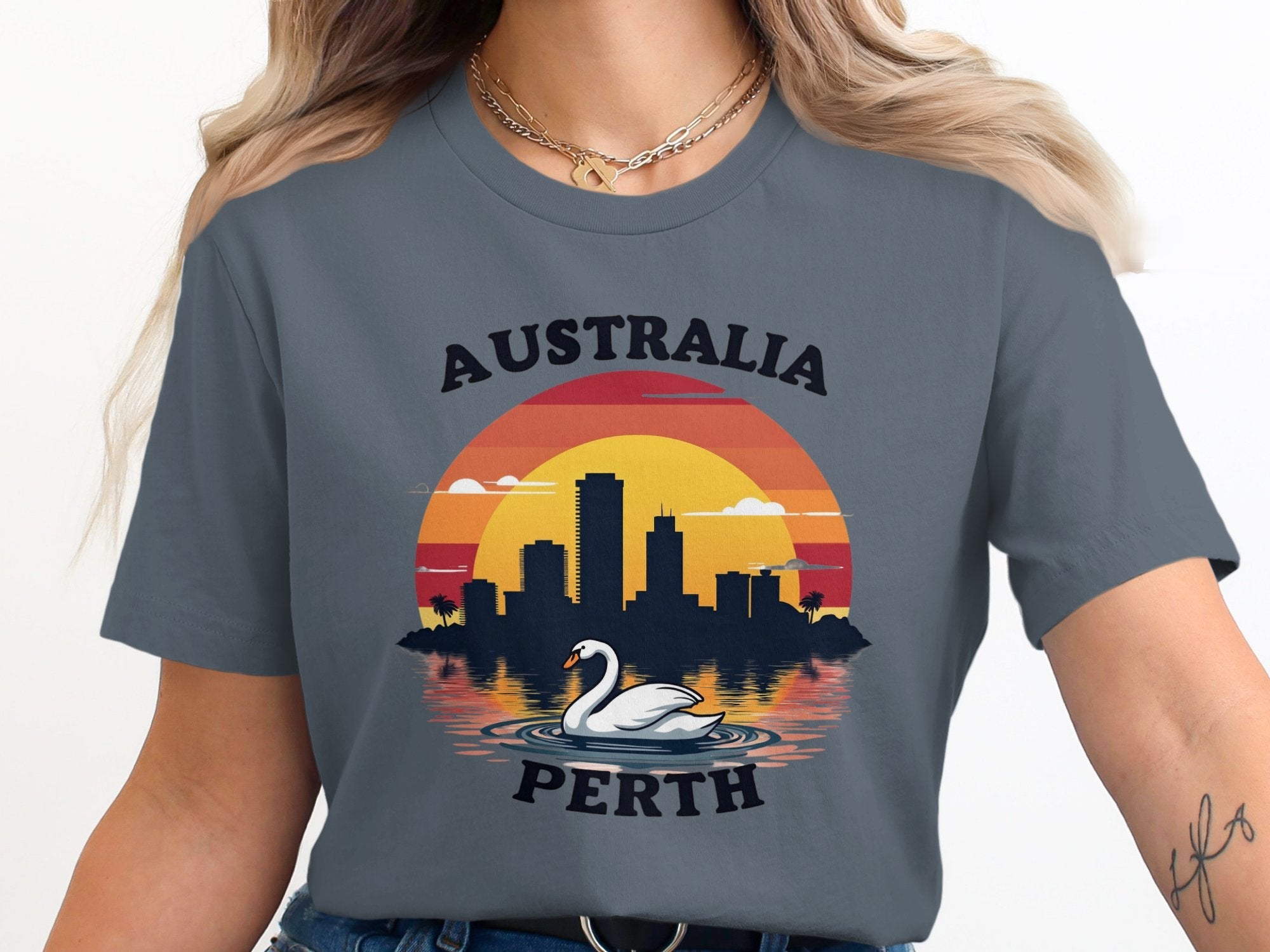 Australia Perth Skyline with Swan Sunset Illustration T-Shirt, Cityscape Graphic Tee for Travel Lovers, Stylish Vacation Souvenir T-Shirt - Craig Michael Design