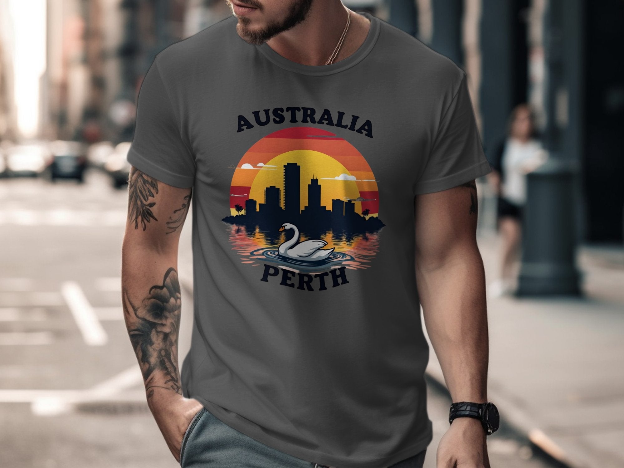 Australia Perth Skyline with Swan Sunset Illustration T-Shirt, Cityscape Graphic Tee for Travel Lovers, Stylish Vacation Souvenir T-Shirt - Craig Michael Design