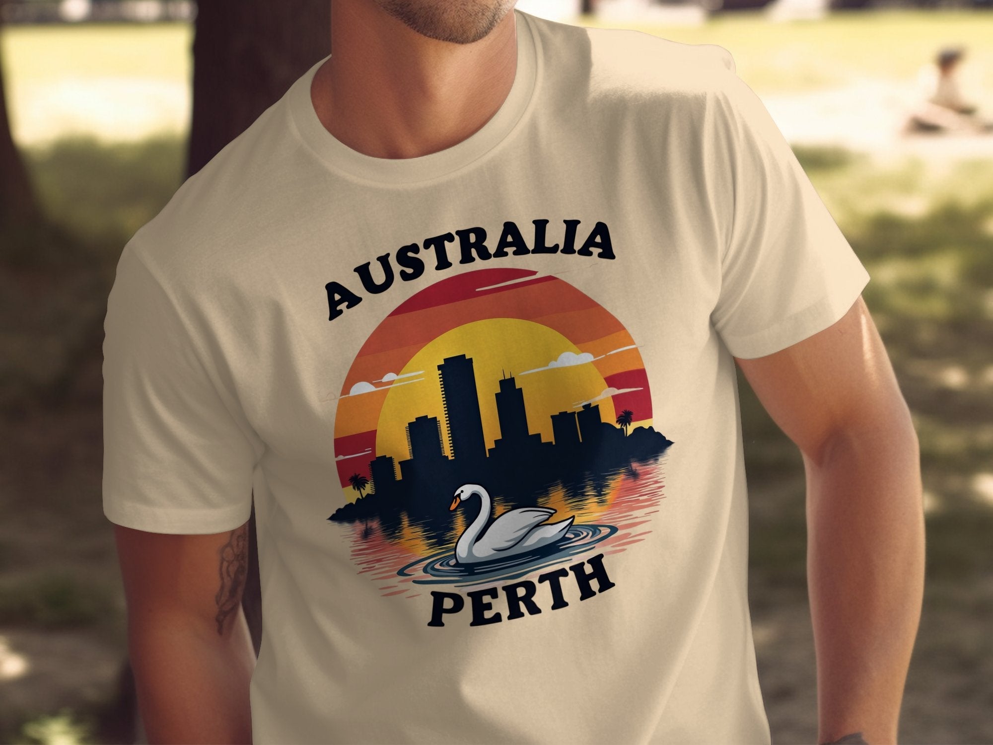 Australia Perth Skyline with Swan Sunset Illustration T-Shirt, Cityscape Graphic Tee for Travel Lovers, Stylish Vacation Souvenir T-Shirt - Craig Michael Design