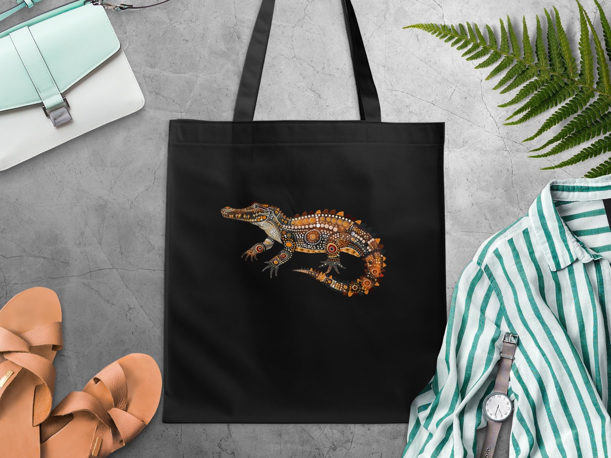 Australian Indigenous Art Crocodile Tote Bag - Unique Graphic Design, Stylish Reusable Shopping Bag, Everyday Carry Tote - Craig Michael Design