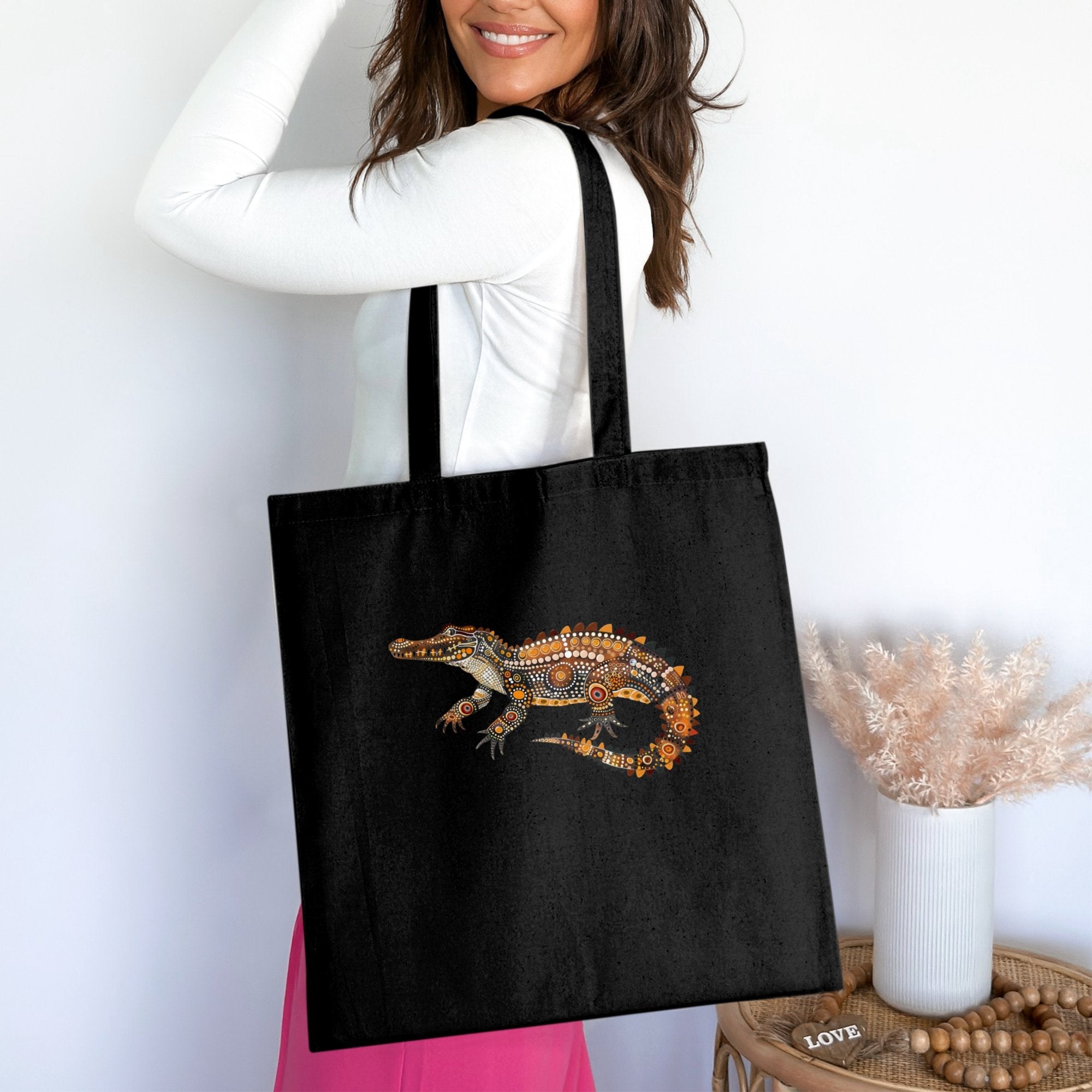 Australian Indigenous Art Crocodile Tote Bag - Unique Graphic Design, Stylish Reusable Shopping Bag, Everyday Carry Tote - Craig Michael Design