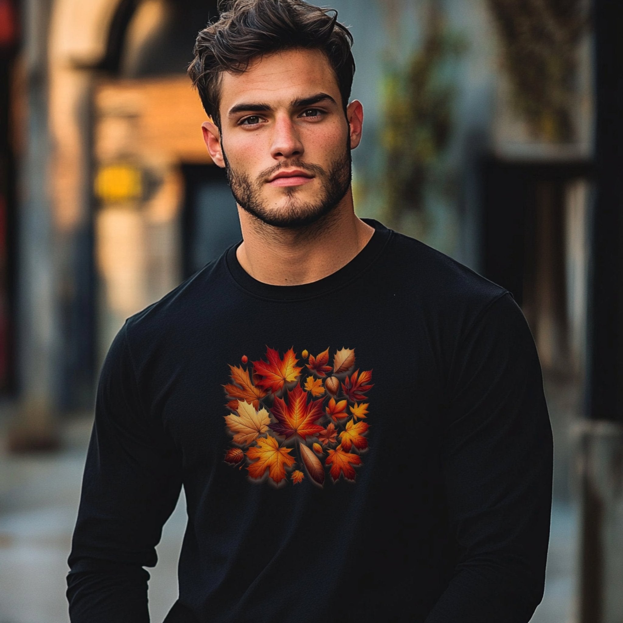 Autumn Leaves Print Long Sleeve T-Shirt, Fall Long Sleeve Tee, Leaf Pattern Shirt, Seasonal Fashion, Autumn Wardrobe, Unisex Fall Top - Craig Michael Design