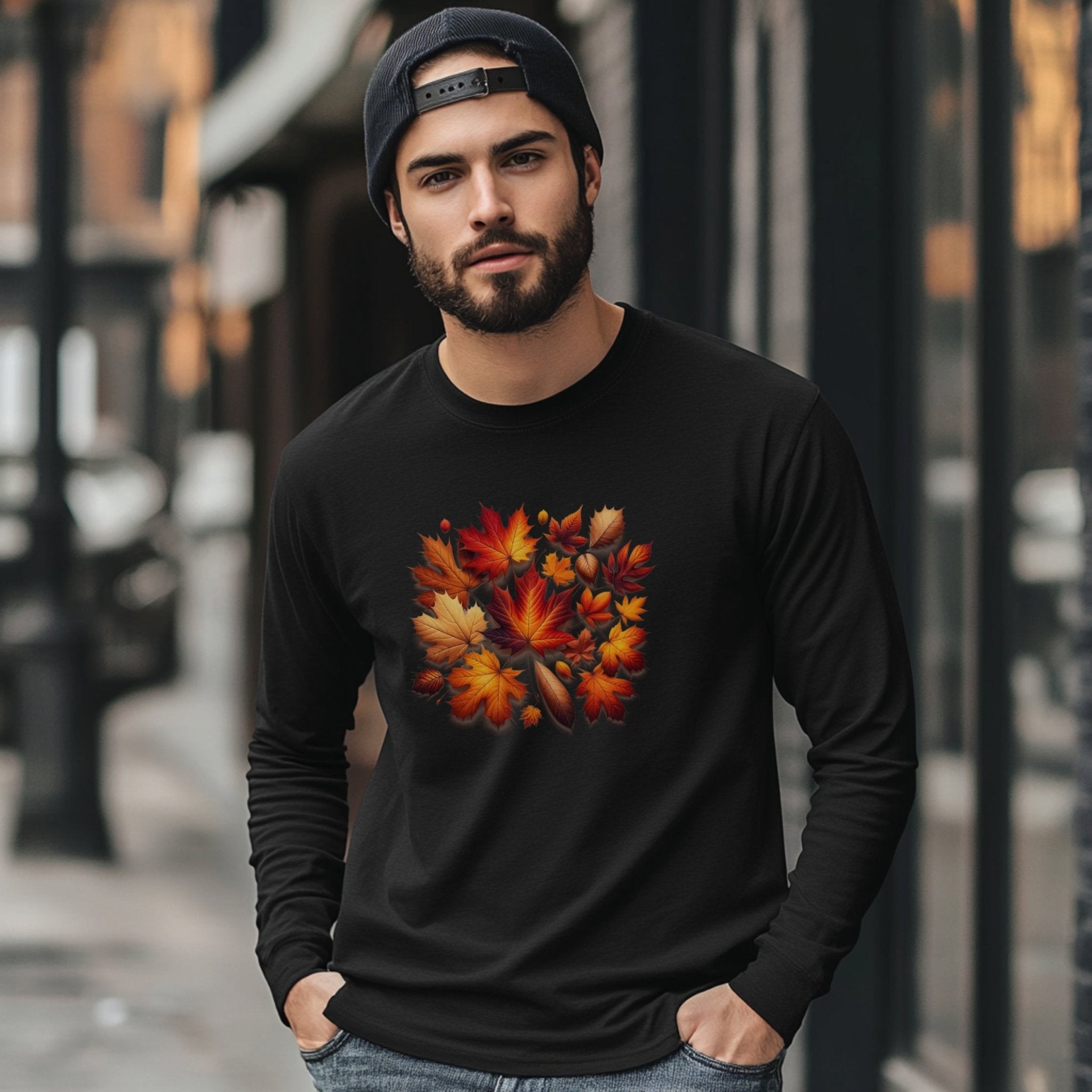 Autumn Leaves Print Long Sleeve T-Shirt, Fall Long Sleeve Tee, Leaf Pattern Shirt, Seasonal Fashion, Autumn Wardrobe, Unisex Fall Top - Craig Michael Design