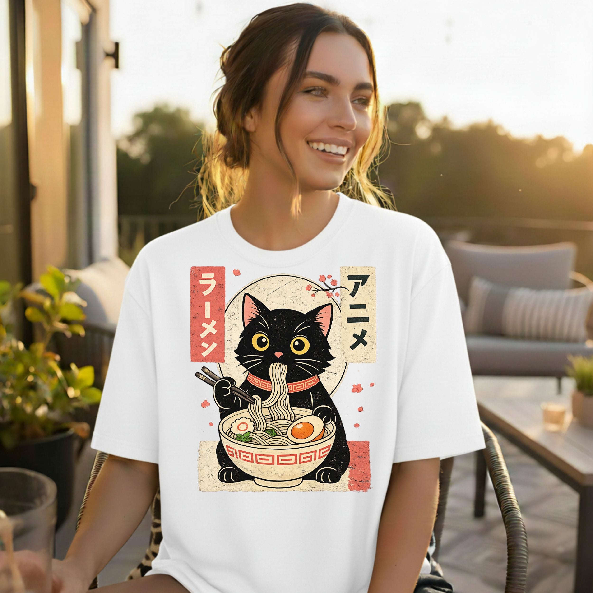 Cute Noodle Cat Anime Design Short Sleeve T-Shirt