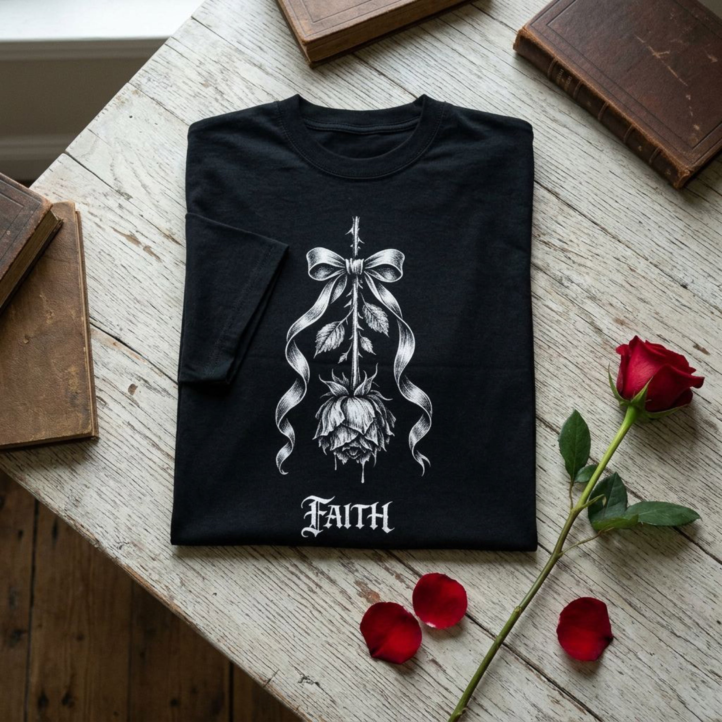 Black t-shirt with a white rose design and the word "Faith".