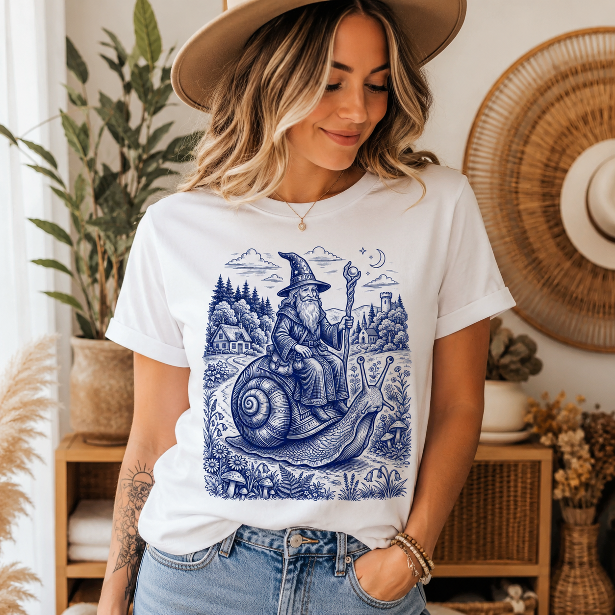 Woman wearing a white t-shirt with a wizard riding a snail illustration.