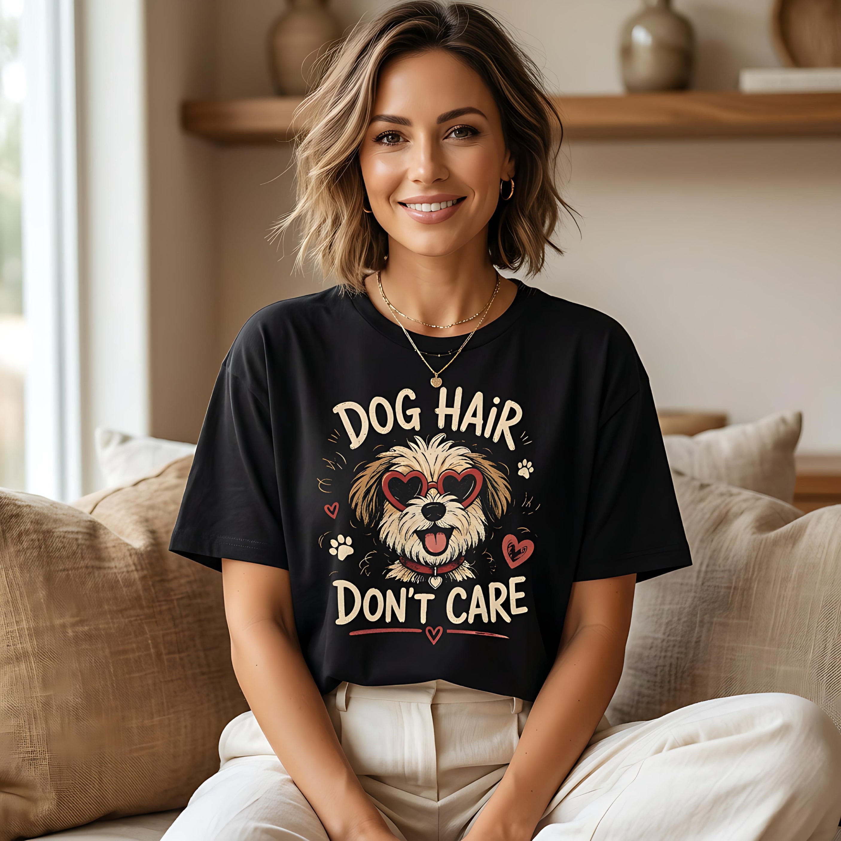 Woman wearing black t-shirt with "Dog Hair Don't Care" text and heart sunglasses.