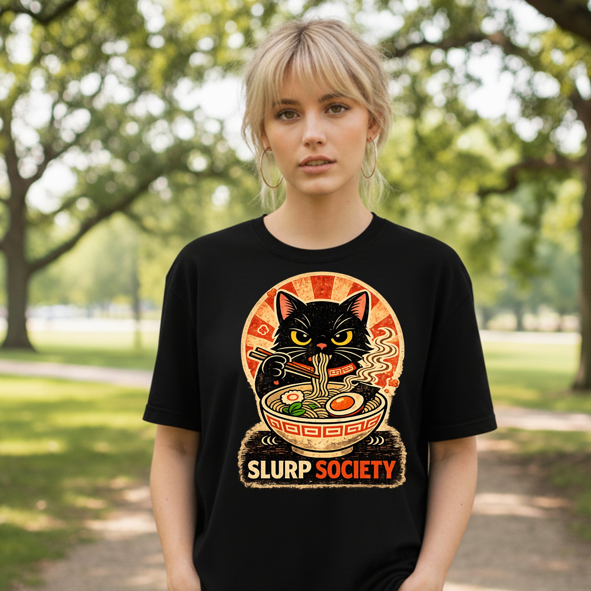 Slurp Society Black Cat Eating Ramen T-Shirt