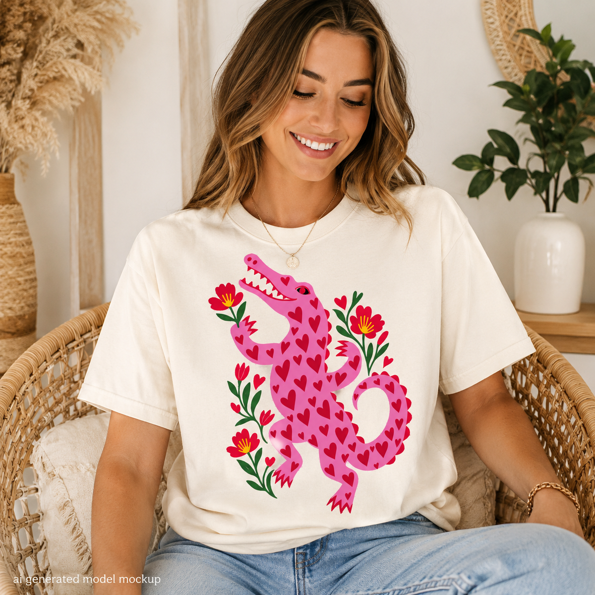 Cream t-shirt with a pink alligator design filled with red hearts and flowers.