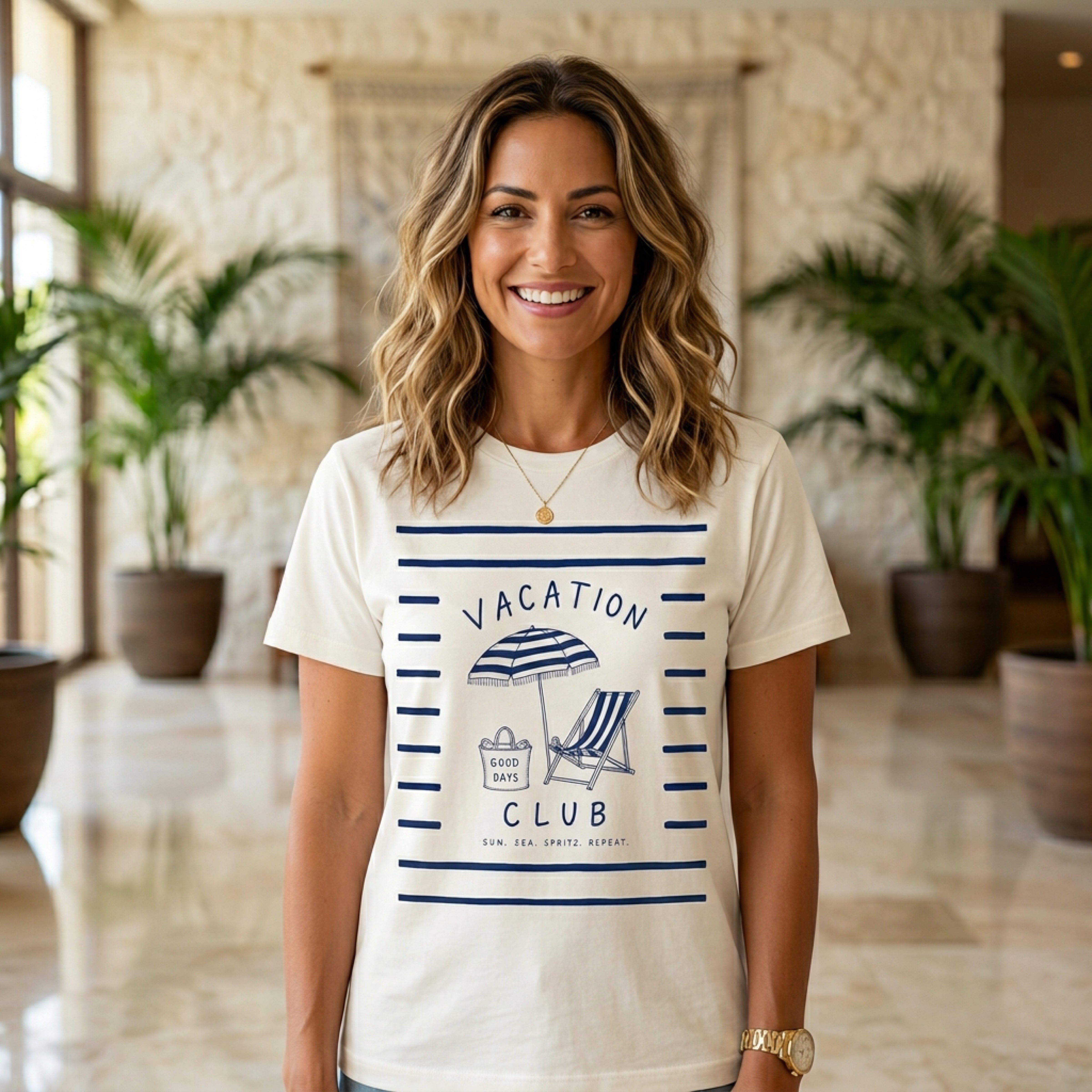 Woman wearing white t-shirt with "Vacation Club" beach graphic.