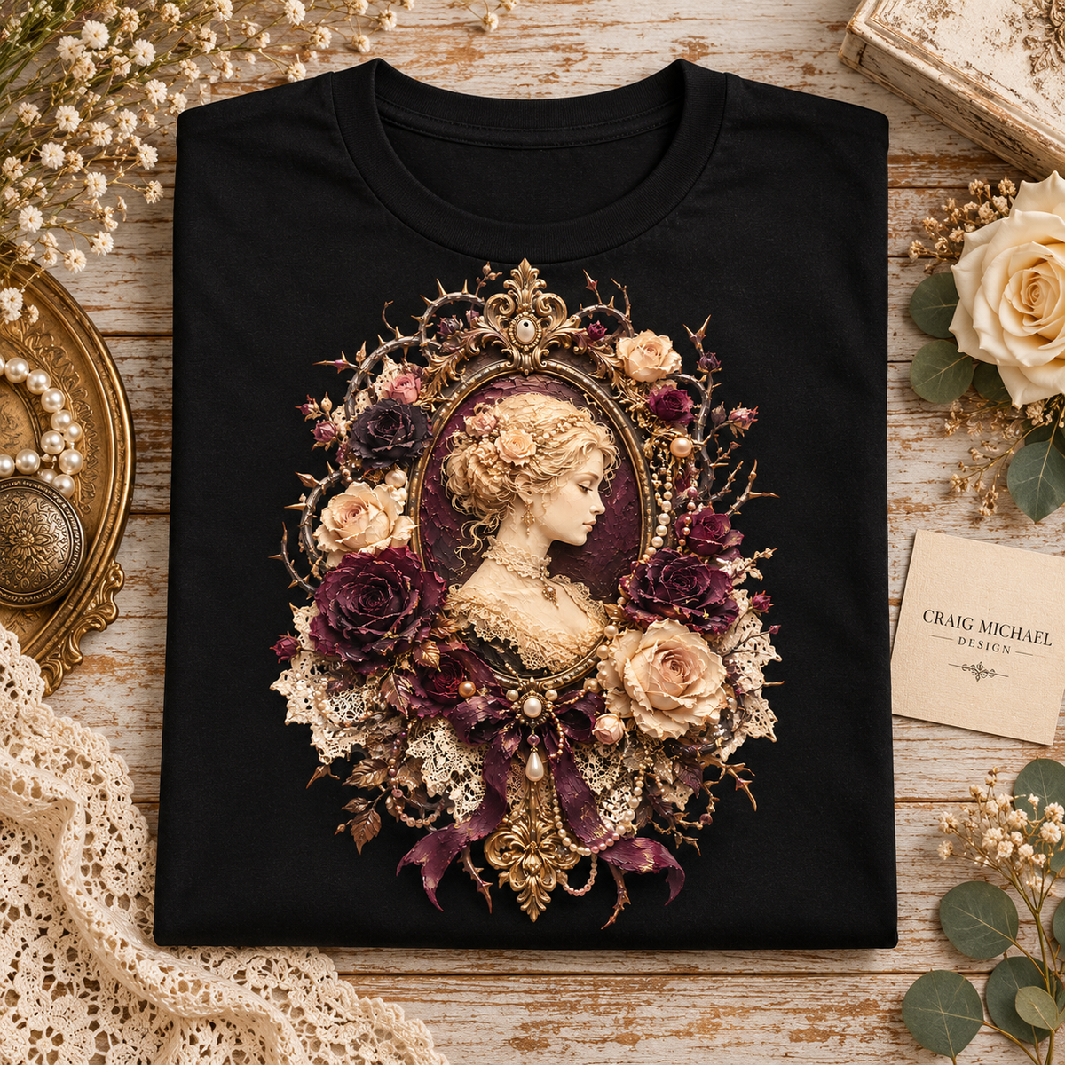 Black t-shirt with oval portrait of woman framed by elaborate floral and lace adornments.
