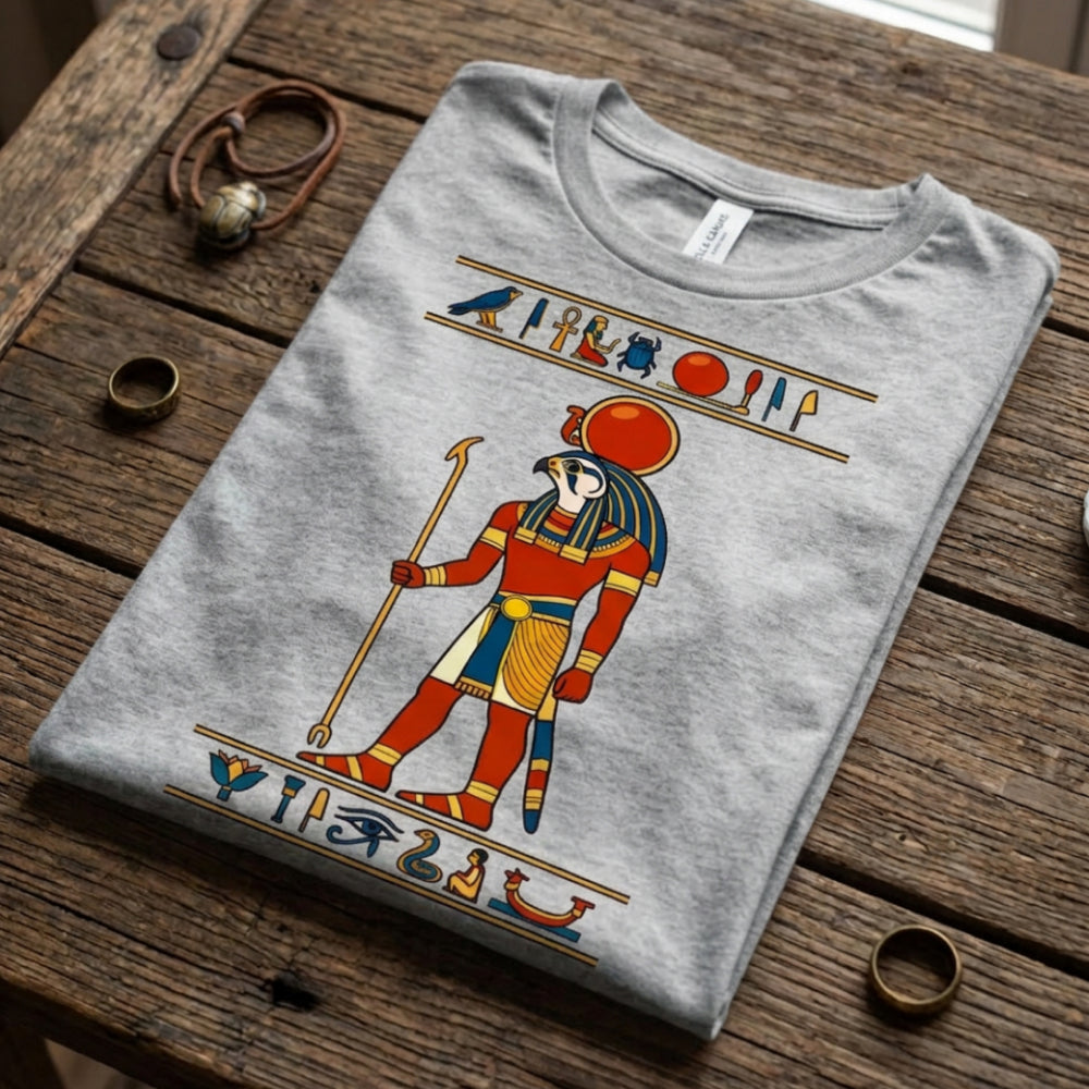 Grey t-shirt with illustration of ancient Egyptian deity Horus and hieroglyphs.