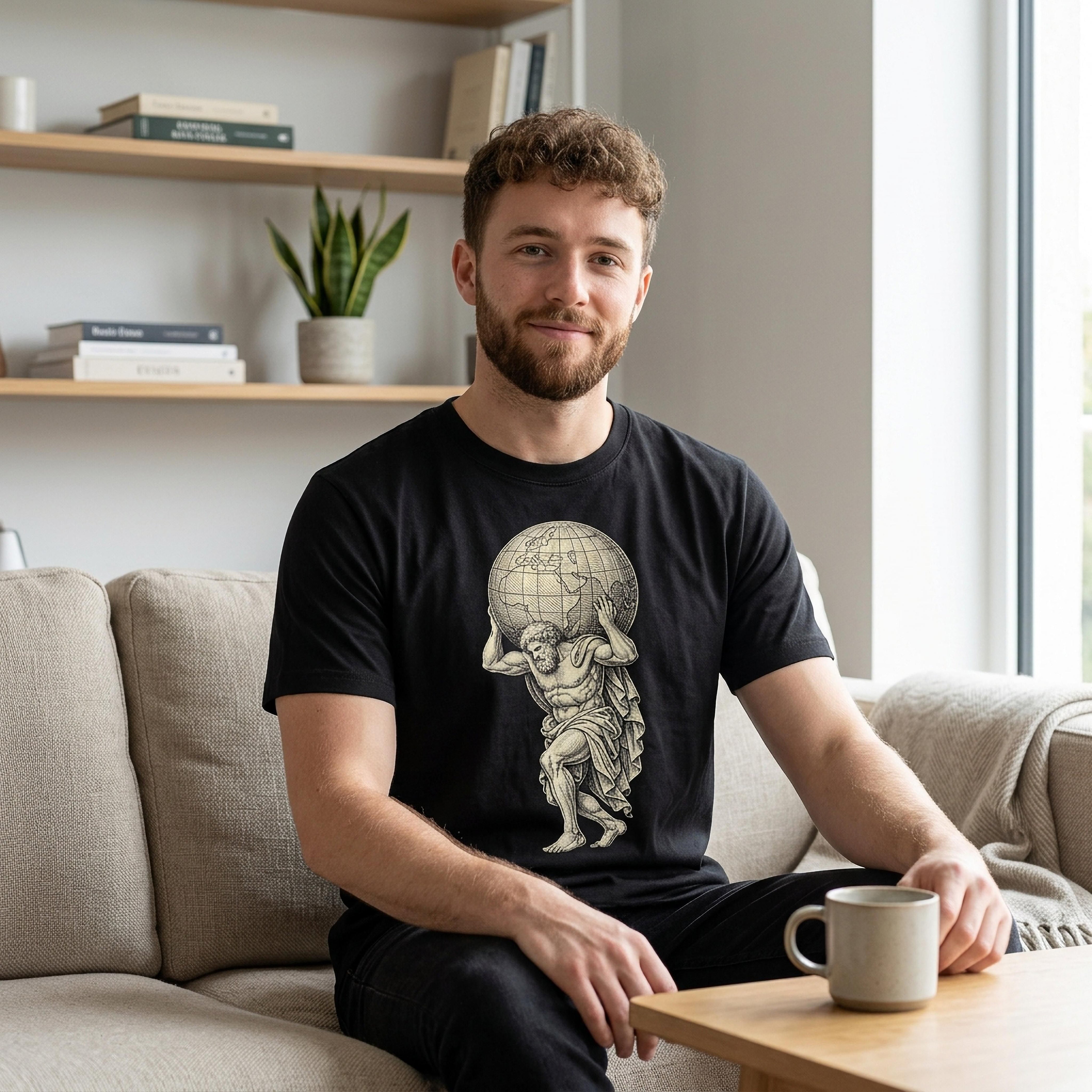 Man wearing a black t-shirt with an illustration of Atlas holding the globe.