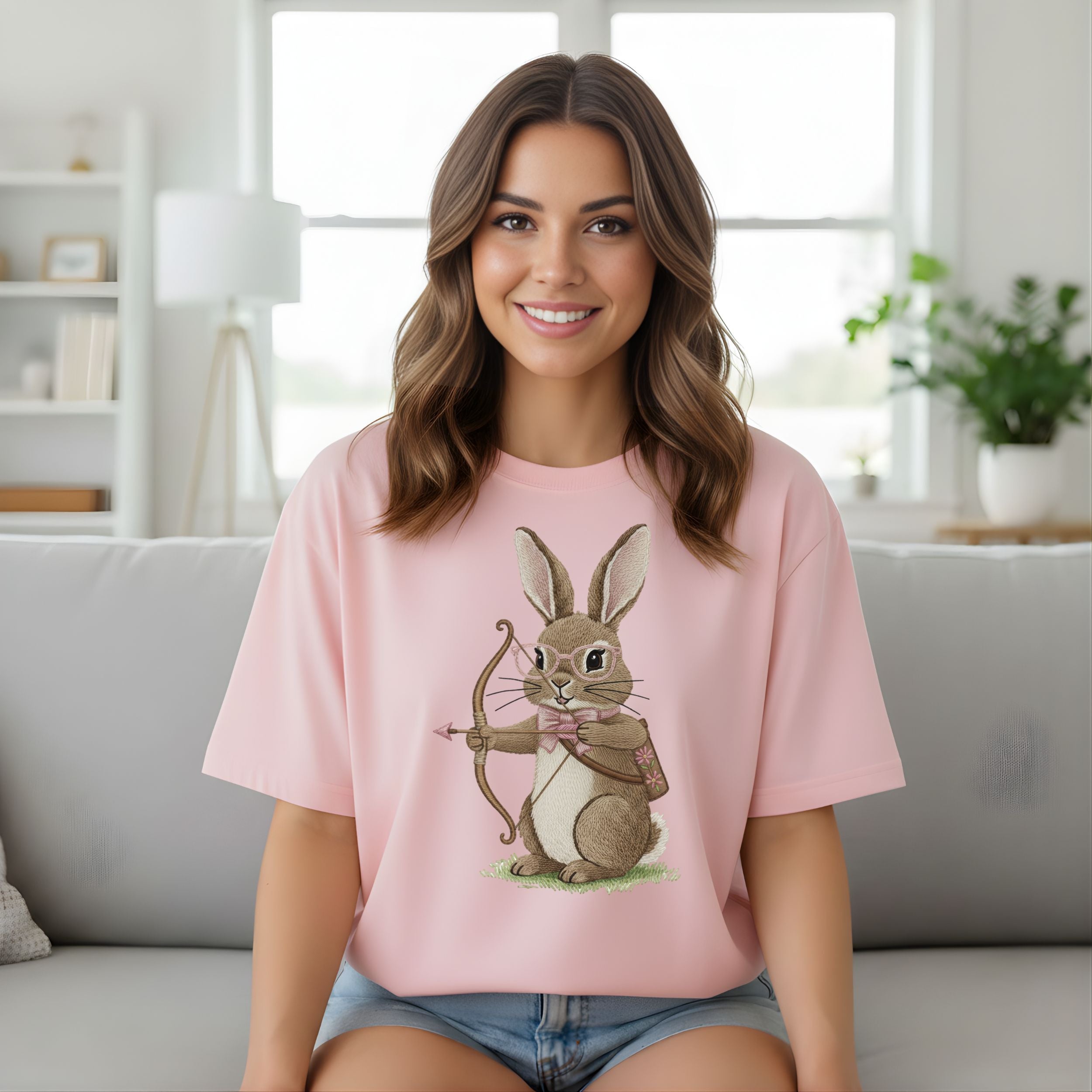 Cute Bunny Archer with Bow Pastel Pink T-shirt