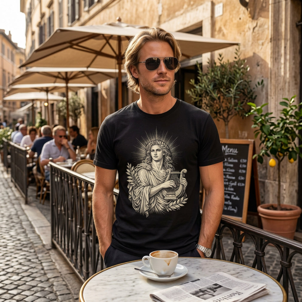 Man wearing black t-shirt with illustration of Apollo holding a lyre.