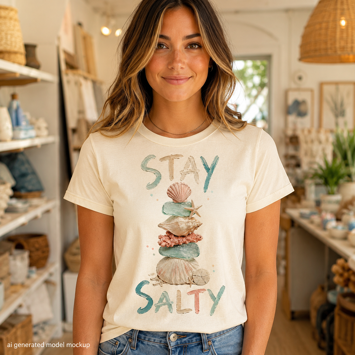 Cream t-shirt with "STAY SALTY" text and stacked seashells graphic.