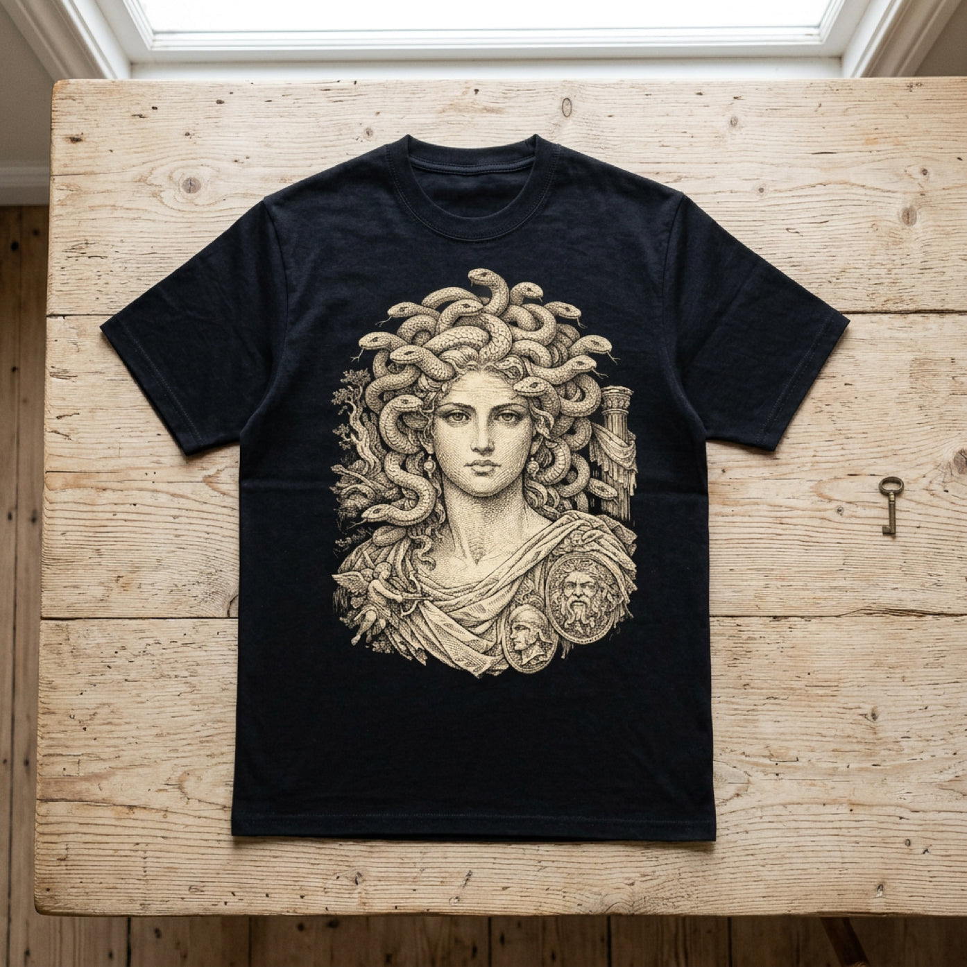 Black t-shirt with Medusa graphic featuring snake hair and classical elements.