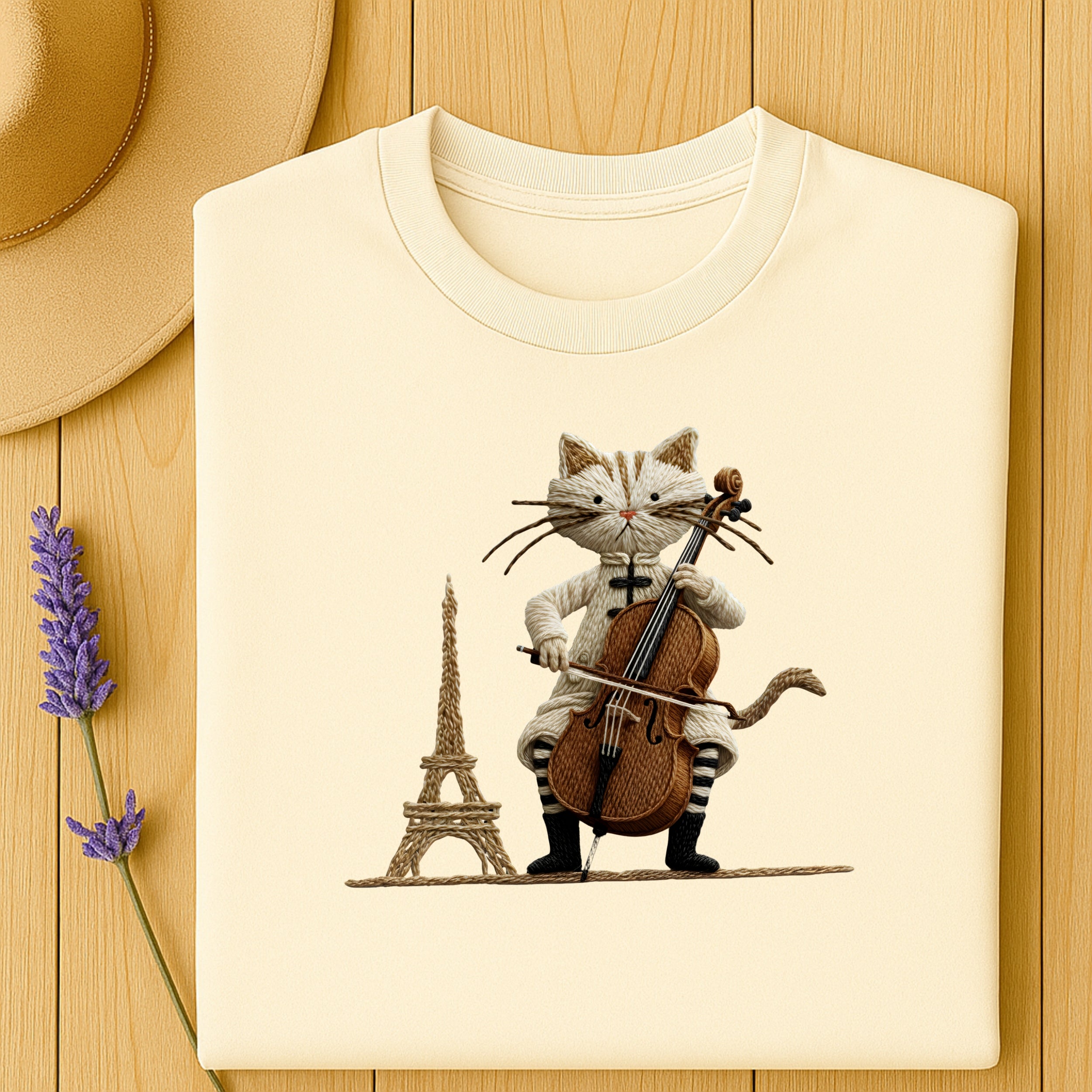 Cat Playing Cello with Eiffel Tower Graphic T-Shirt