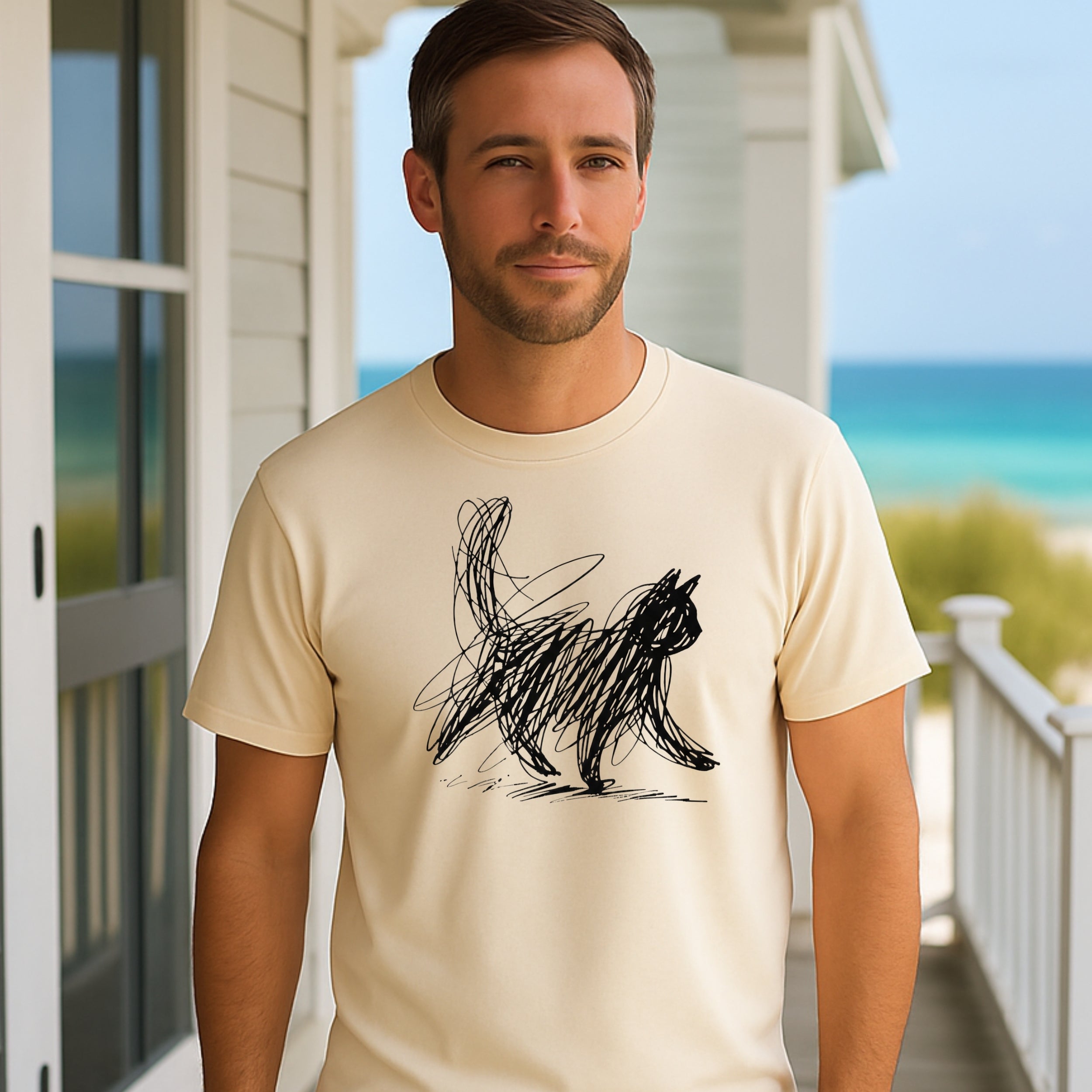 Sketch Style Black Cat Print on Light T-shirt Product