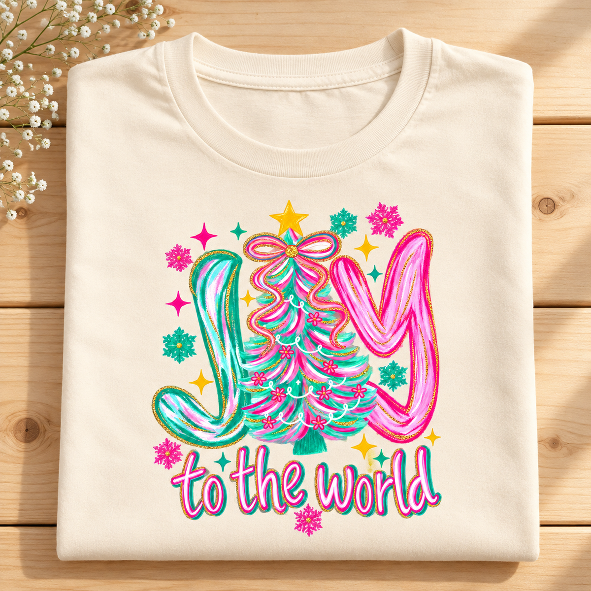 Cream t-shirt with "Joy to the World" text and a colorful Christmas tree.