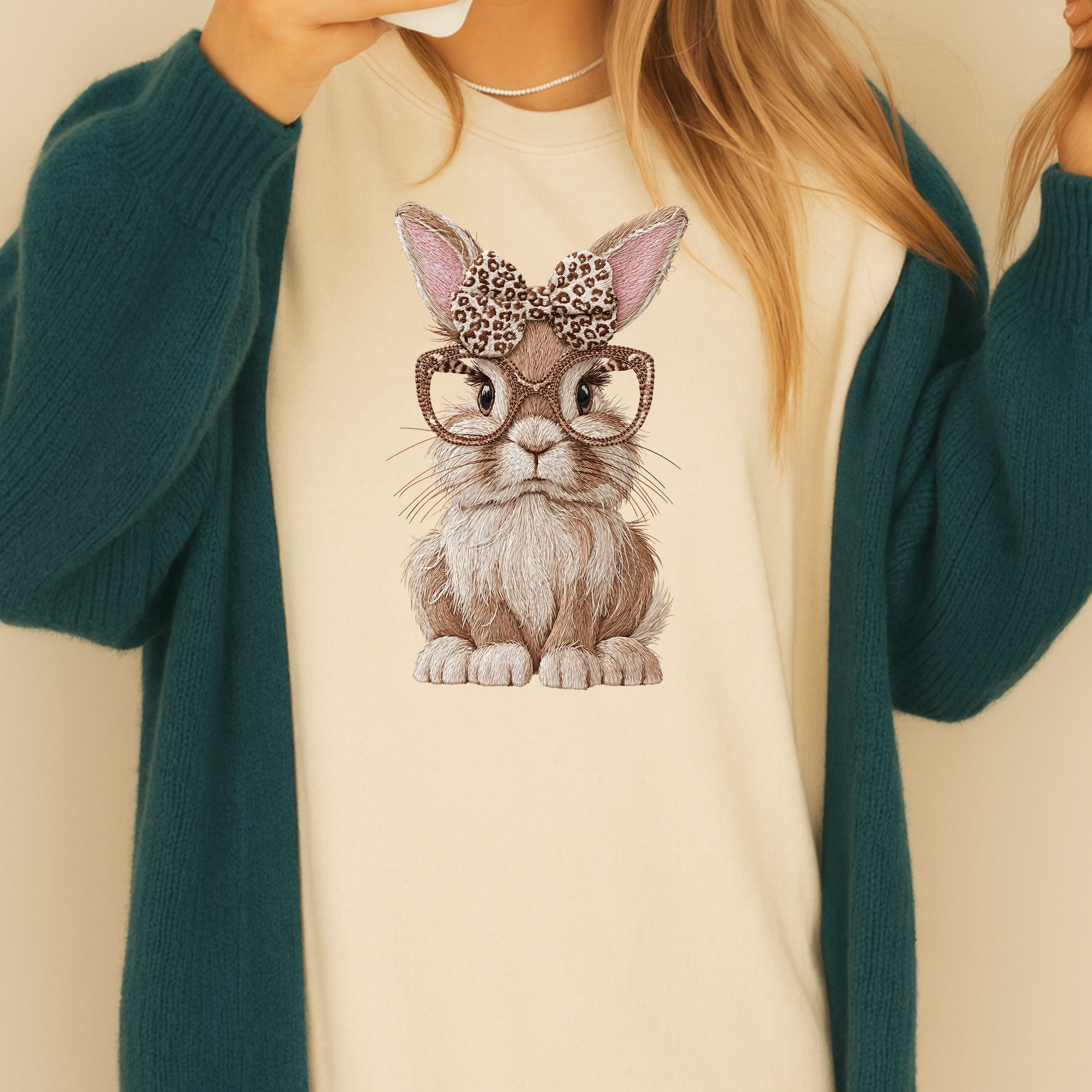 Adorable Bunny with Glasses Leopard Print Bow Shirt