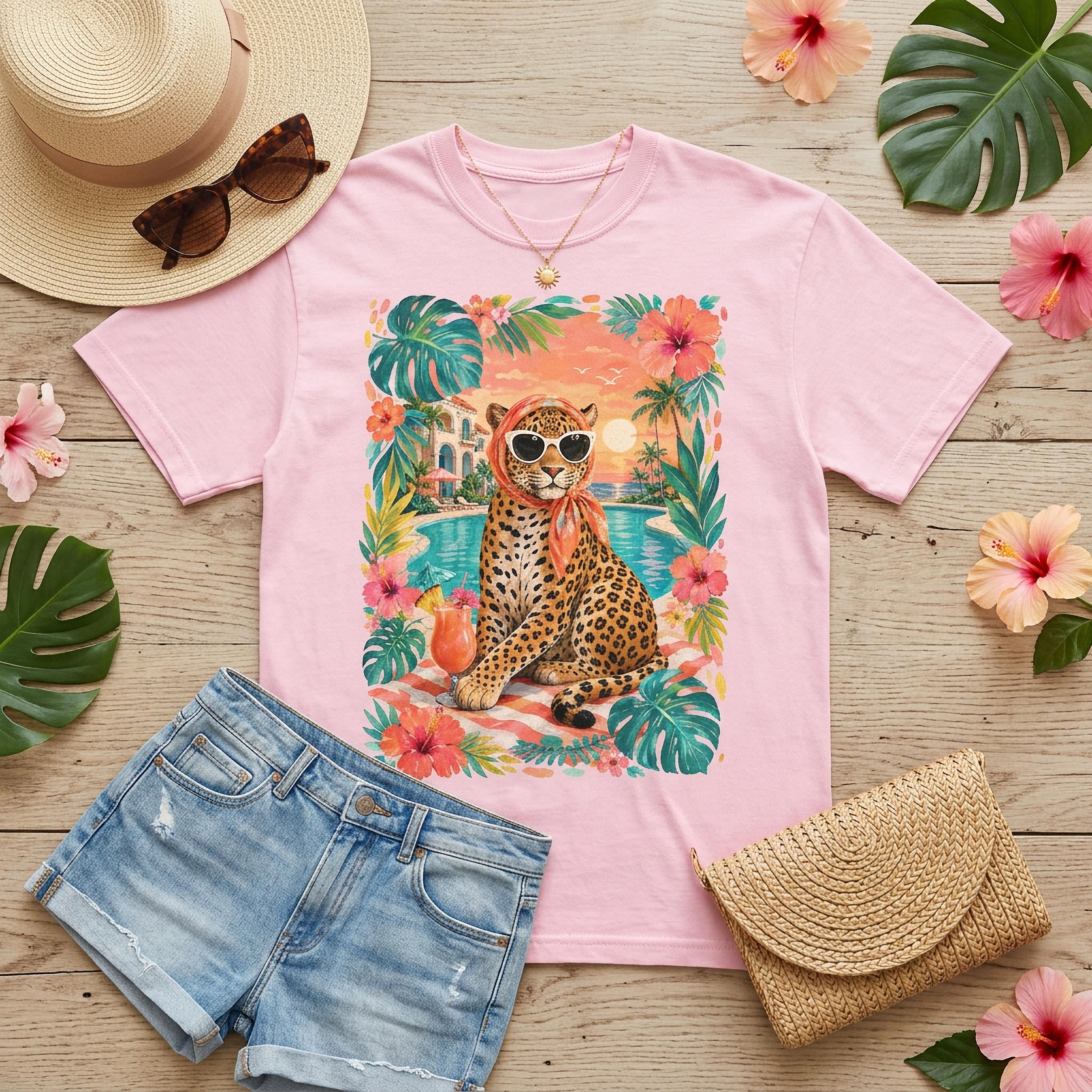 Pink t-shirt with leopard wearing sunglasses by pool with palm trees.