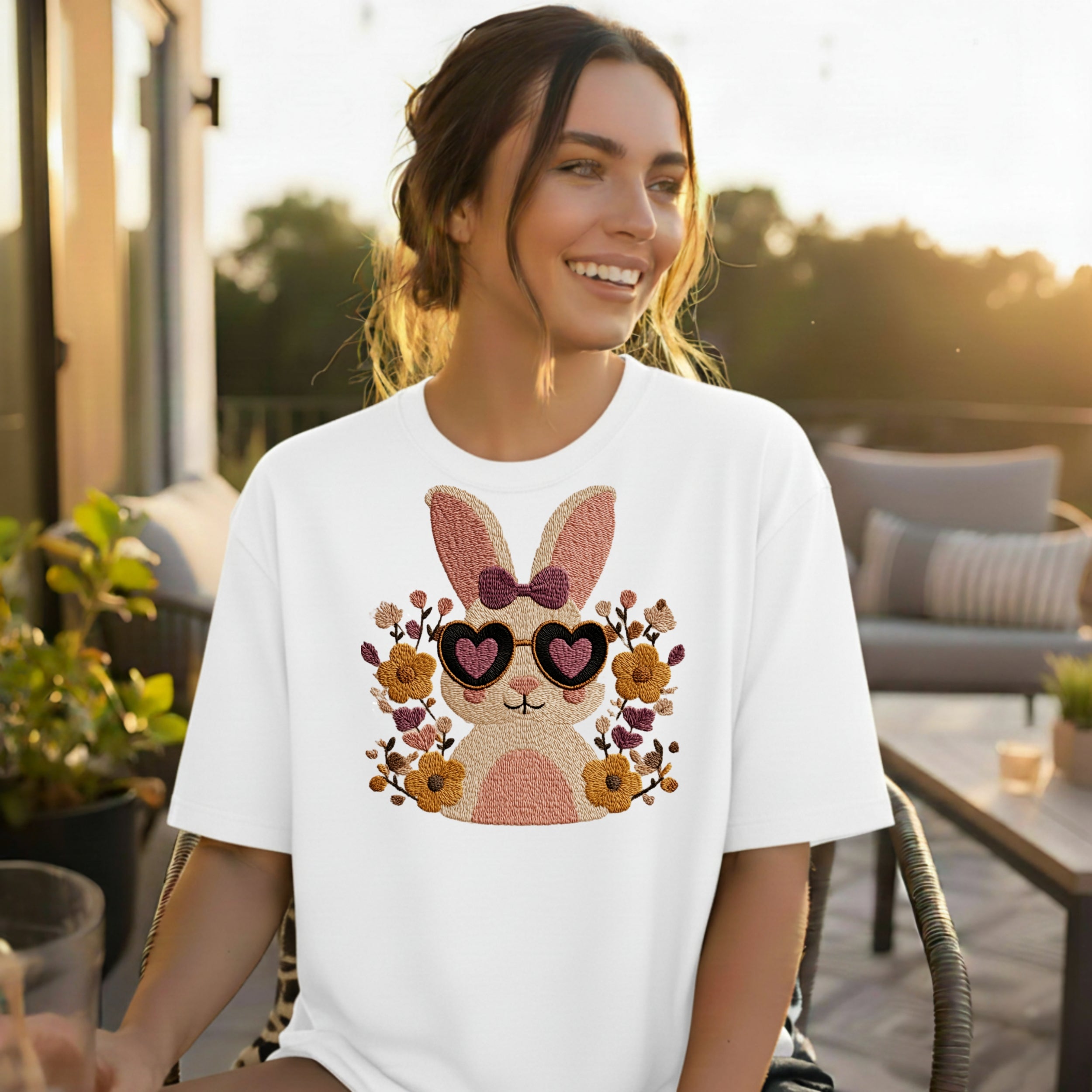 Cute Bunny with Sunglasses and Flowers T-shirt
