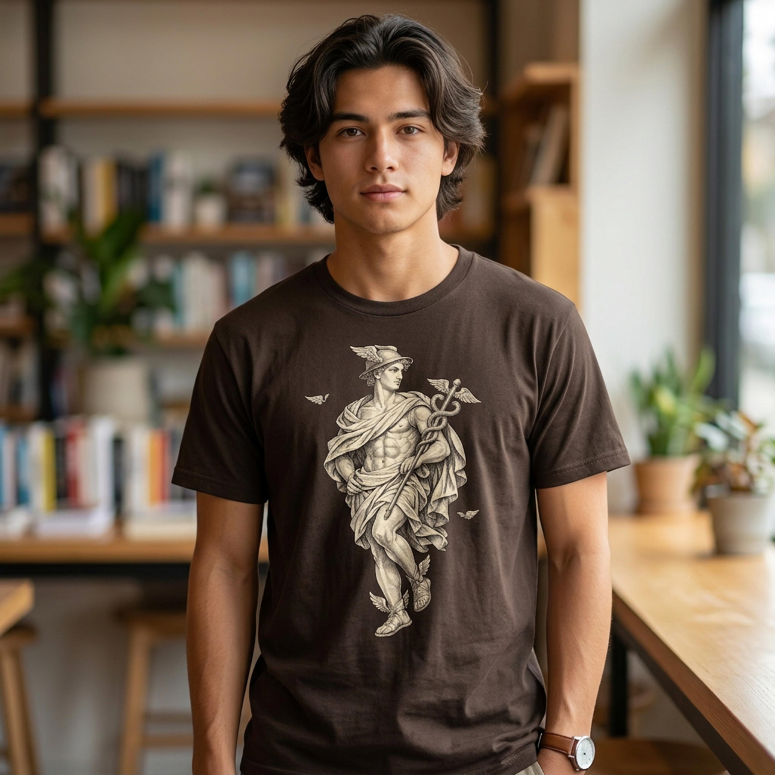 Brown t-shirt featuring a neoclassical illustration of Mercury holding a caduceus.