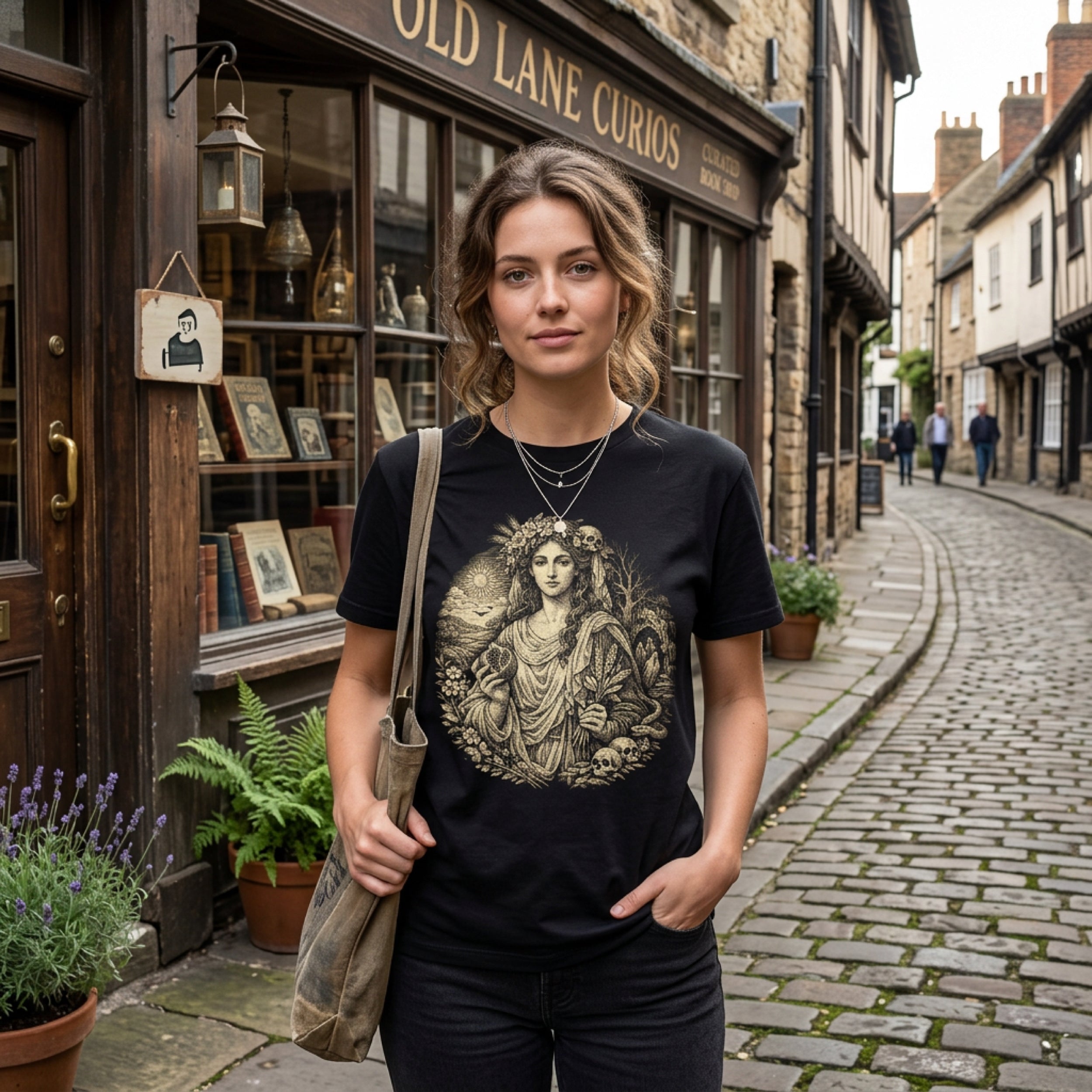 Woman in black t-shirt with ornate graphic standing on cobblestone street.