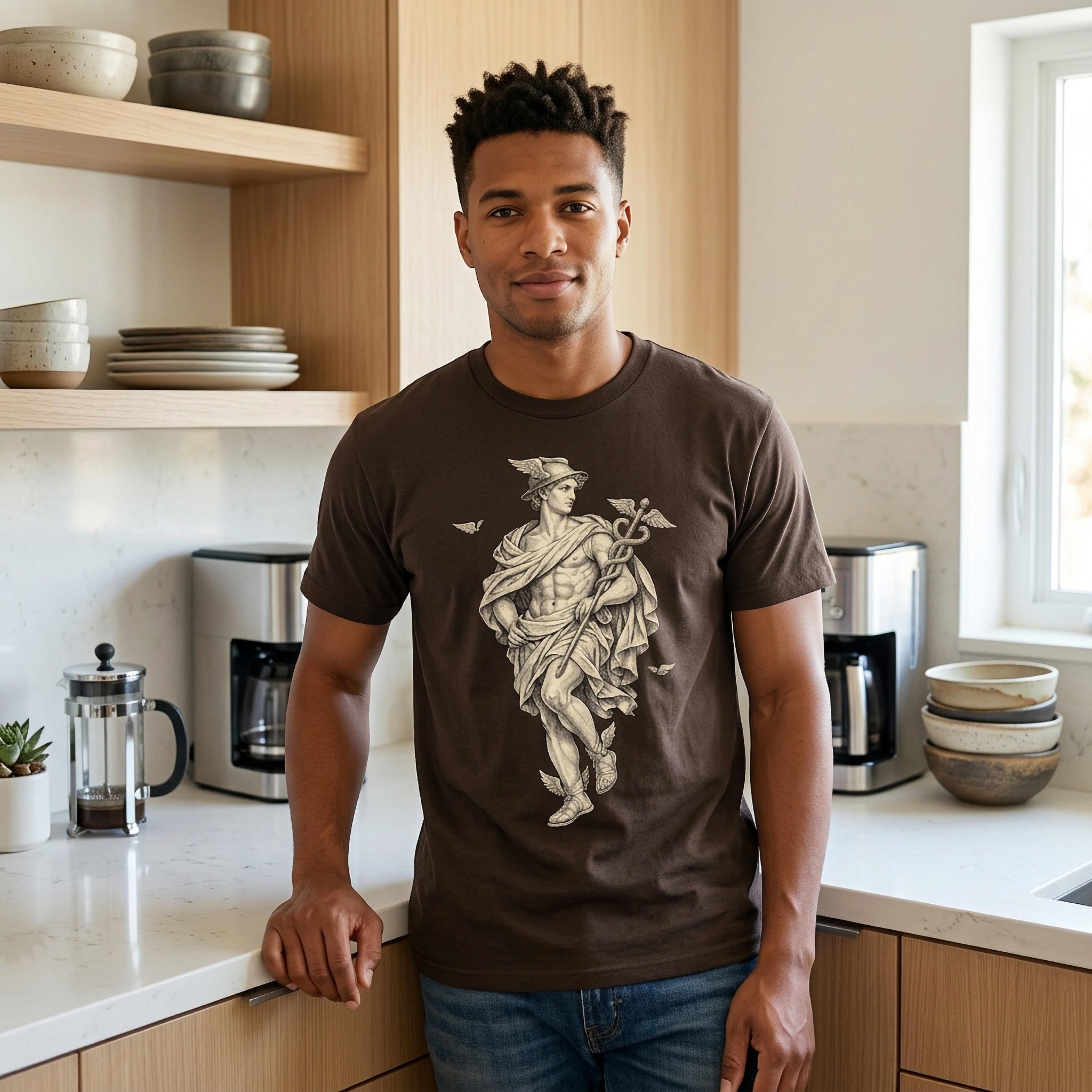 Man in brown t-shirt featuring a vintage illustration of Mercury.