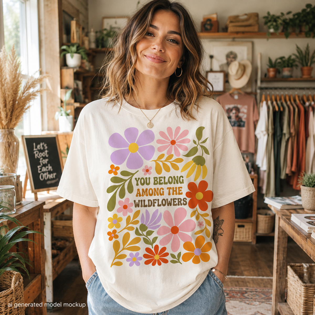 Cream t-shirt with "You Belong Among the Wildflowers" and floral design.