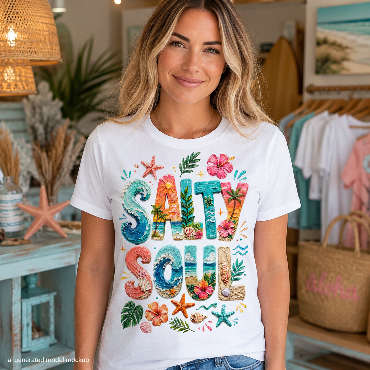 Woman wearing white t-shirt with "SALTY SOUL" in colorful beach-themed letters.