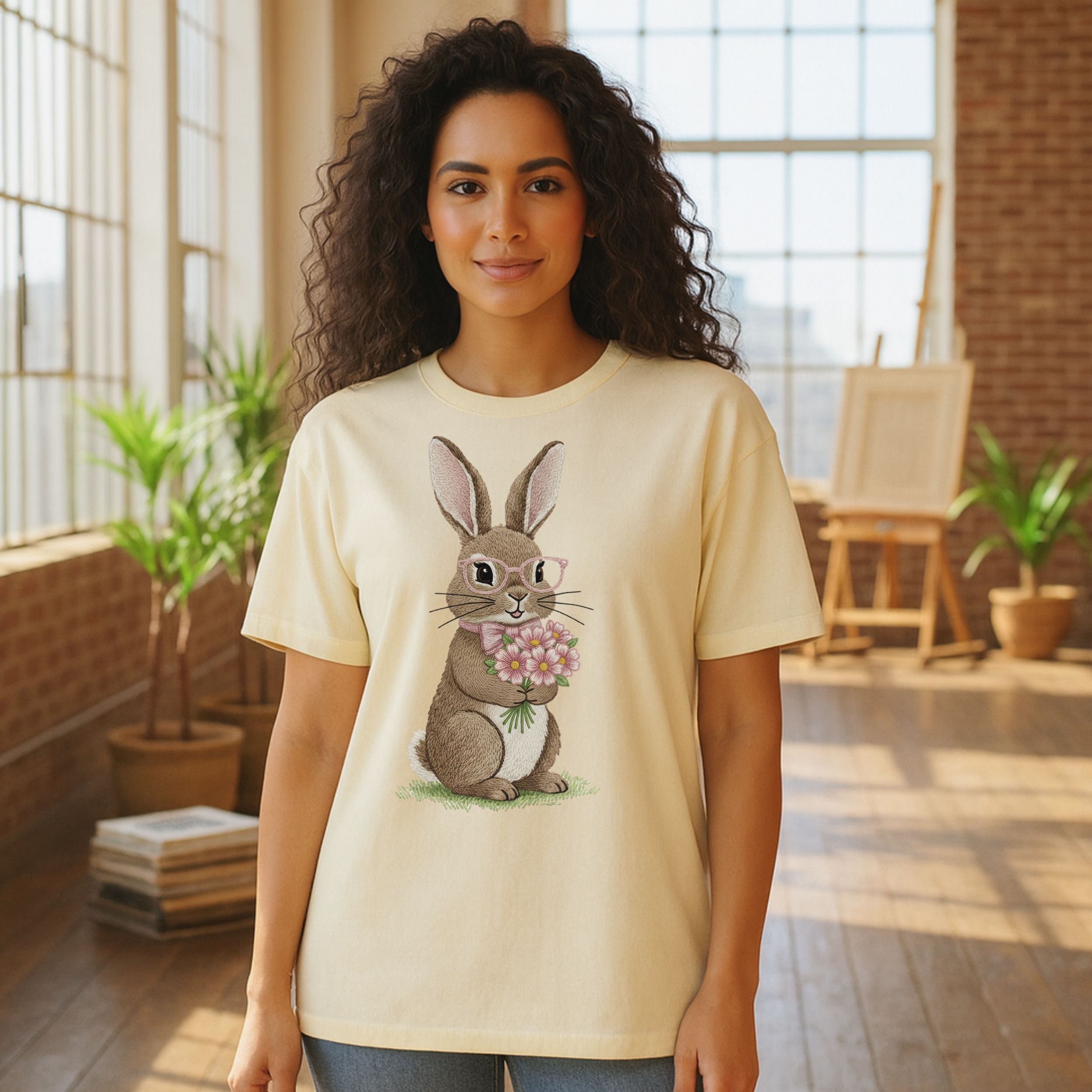 Adorable Bunny with Glasses and Flowers T-shirt