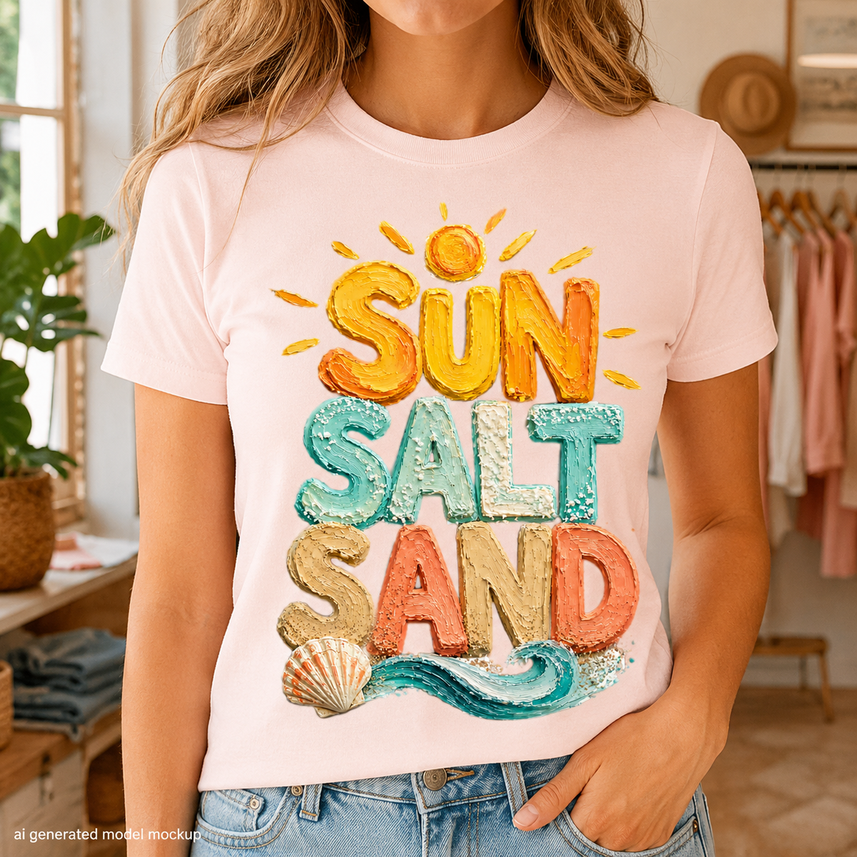Pink t-shirt with "Sun Salt Sand" text and a seashell.