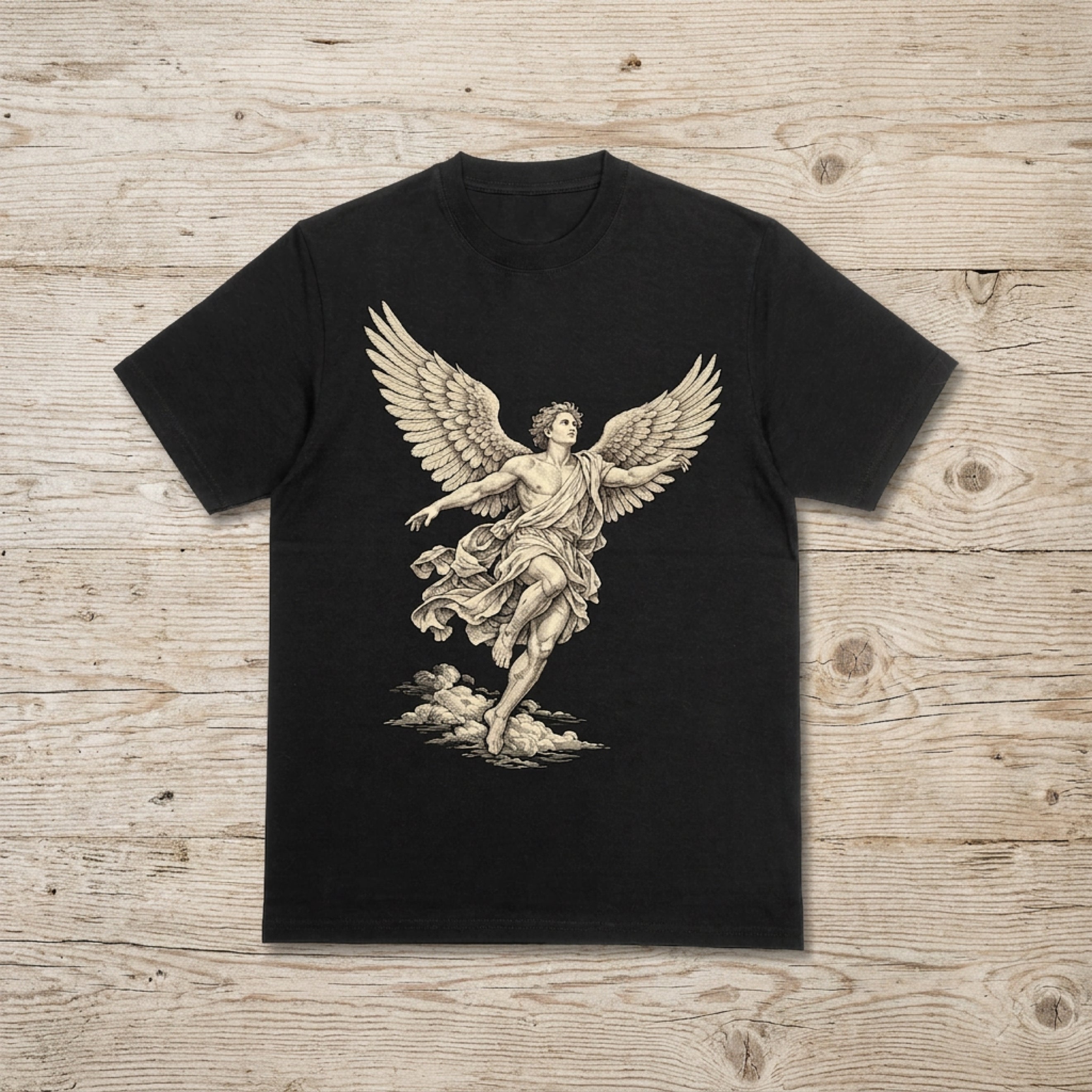Black t-shirt featuring a detailed illustration of an angel with outstretched wings.