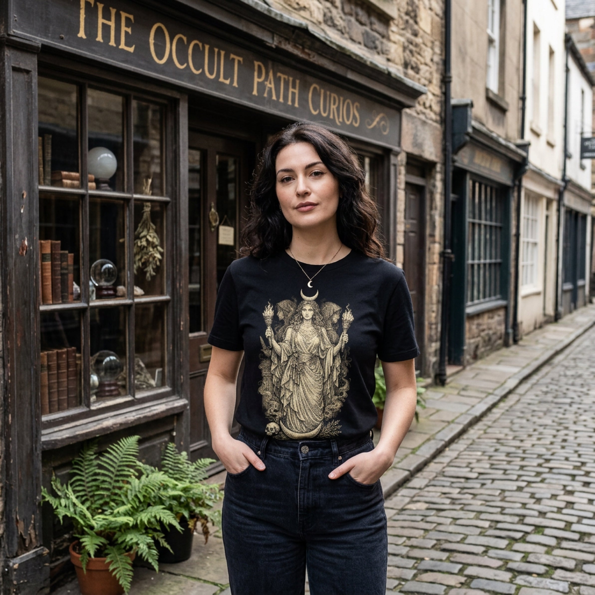 Woman wearing a black t-shirt with a gold occult design, standing in front of a shop.