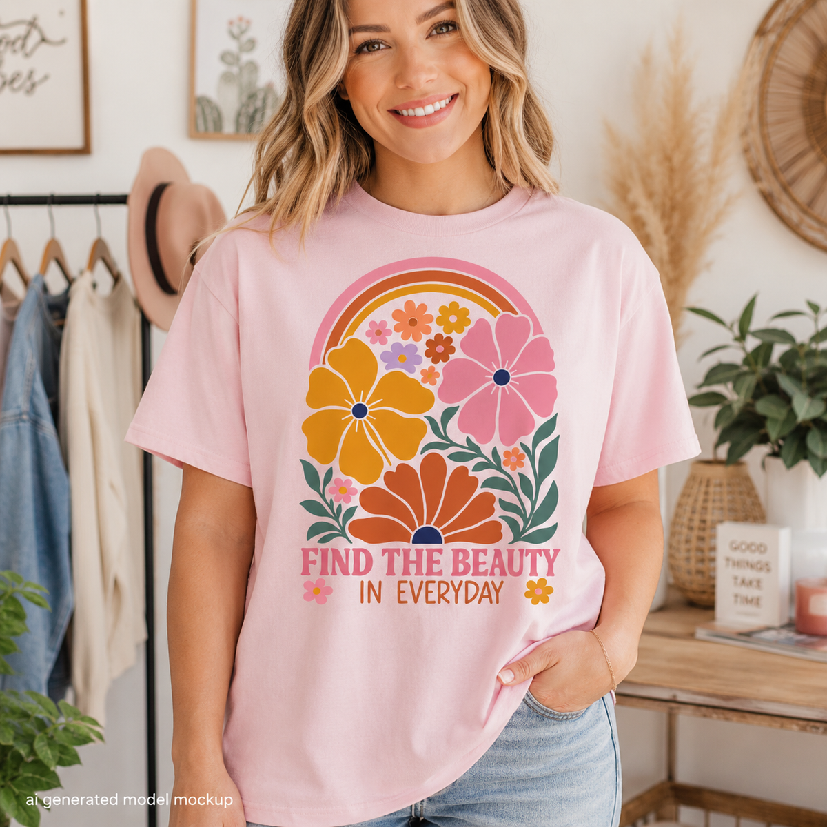 Pink t-shirt with a floral rainbow design and text "FIND THE BEAUTY IN EVERYDAY".