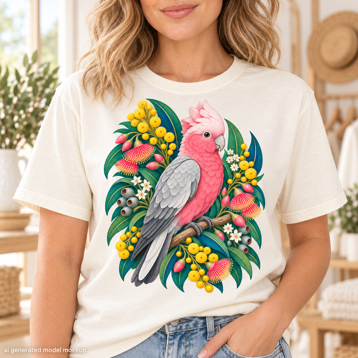 Galah cockatoo perched on a branch with eucalyptus leaves and flowers.