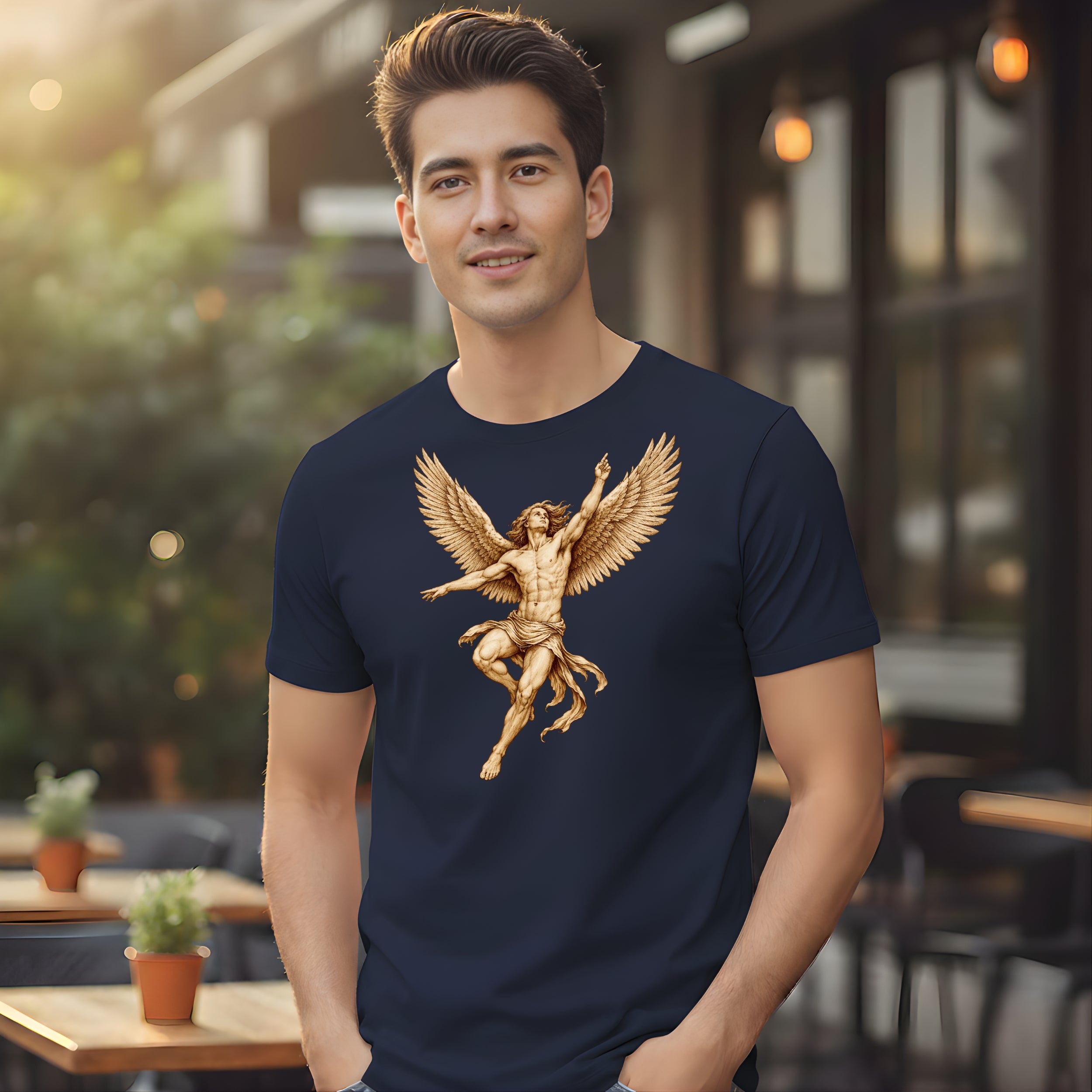 Angelic Warrior Golden Design on Dark Blue Shirt