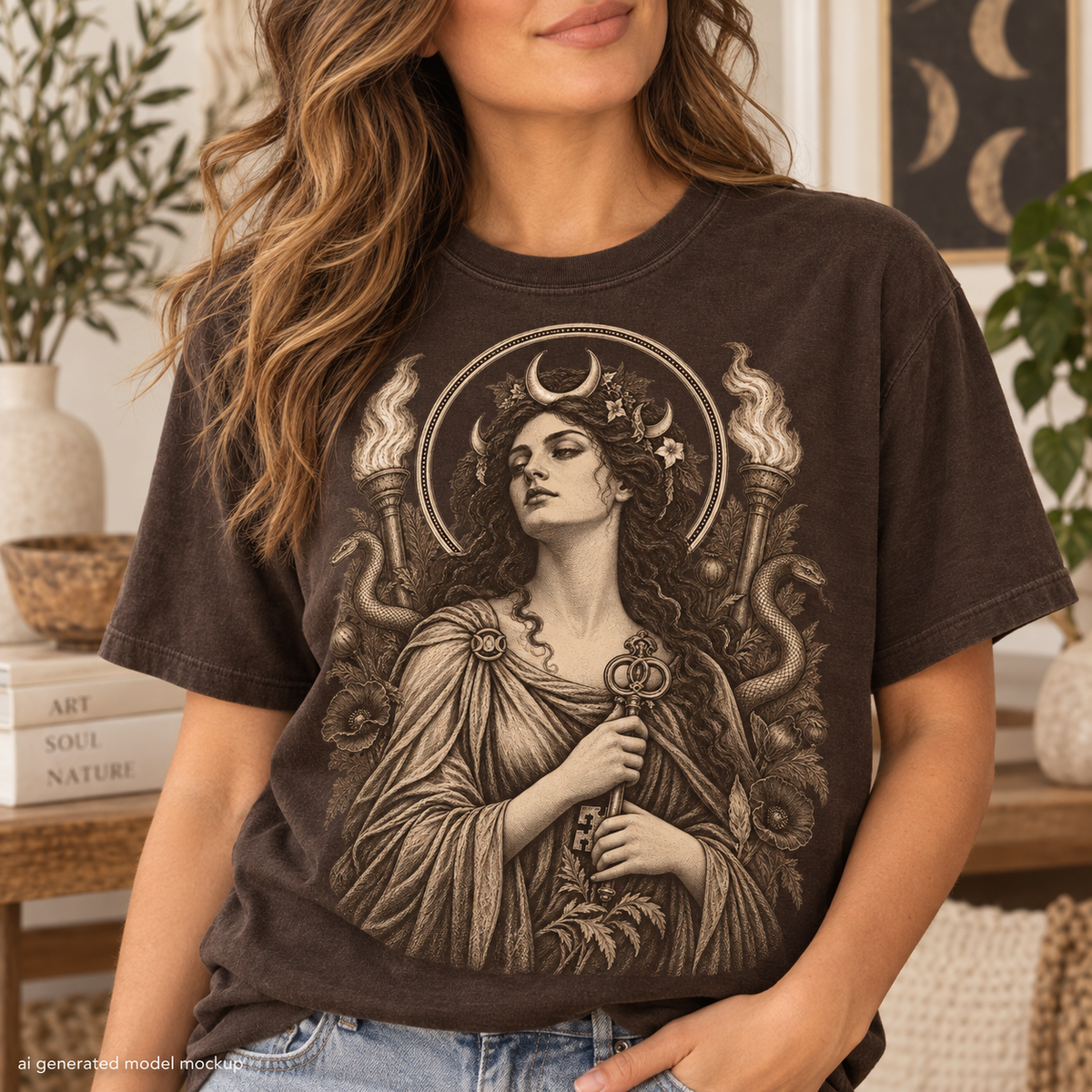 T-shirt with graphic of goddess holding key, flanked by torches and snakes.