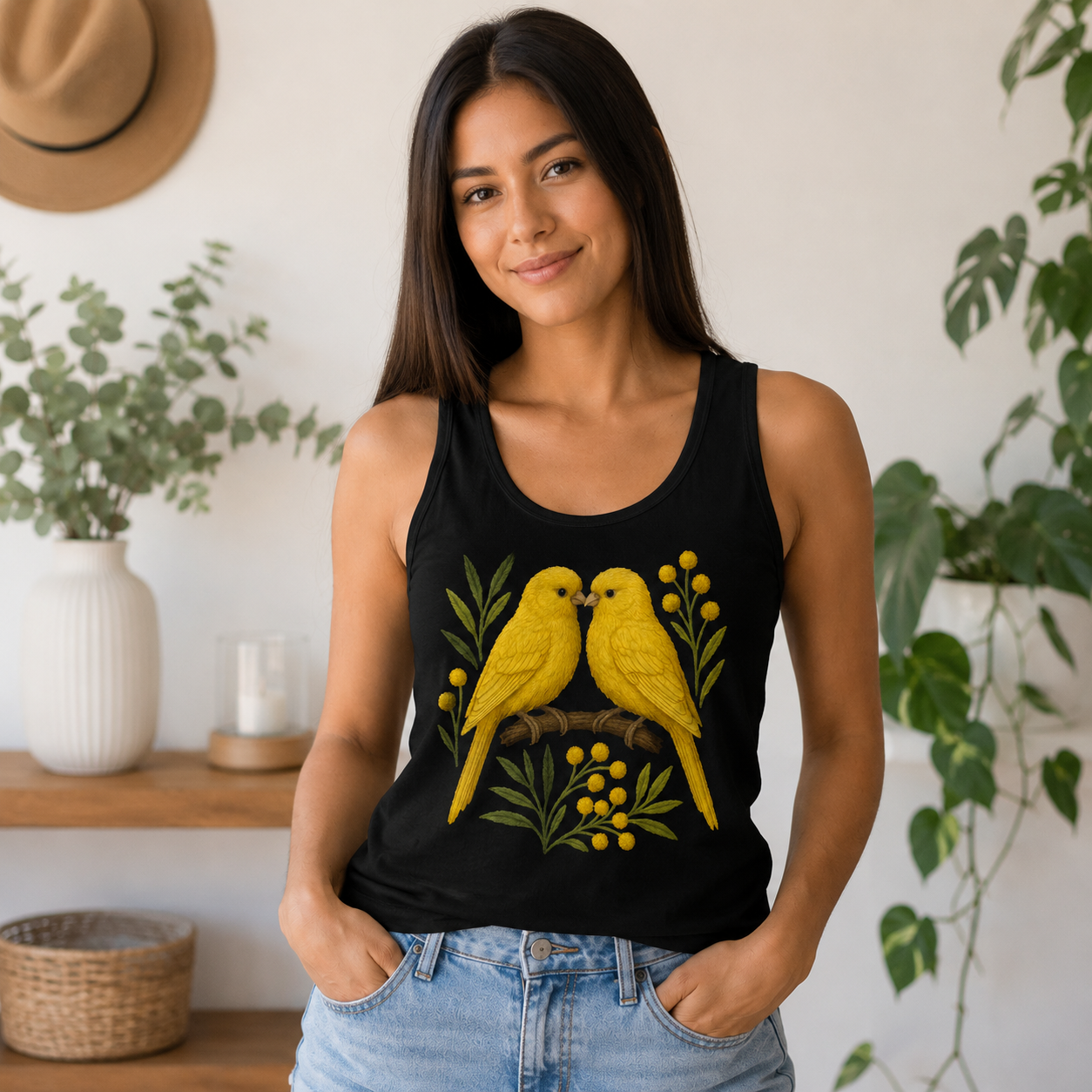 Black tank top with yellow birds and berries design.